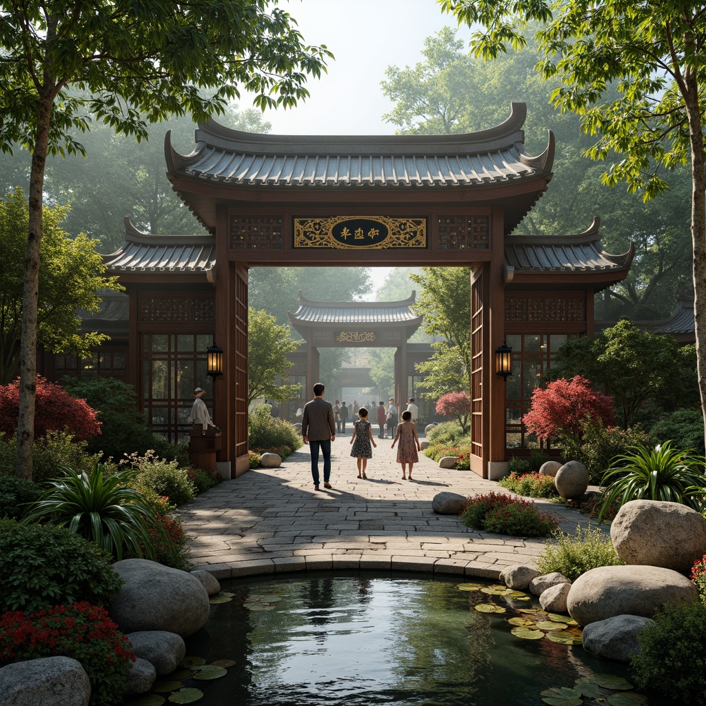 Prompt: Asian-inspired zoo entrance, intricately designed wooden gates, lush greenery, exotic plants, natural stone pathways, water features, koi ponds, bamboo forests, misty atmosphere, warm soft lighting, shallow depth of field, 3/4 composition, panoramic view, realistic textures, ambient occlusion, rustic wooden bridges, Asian-style lanterns, vibrant red and gold accents, intricate tile work, ornate metal railings, serene animal enclosures, naturalistic habitats, bamboo fencing, stone statues, tranquil waterfalls.