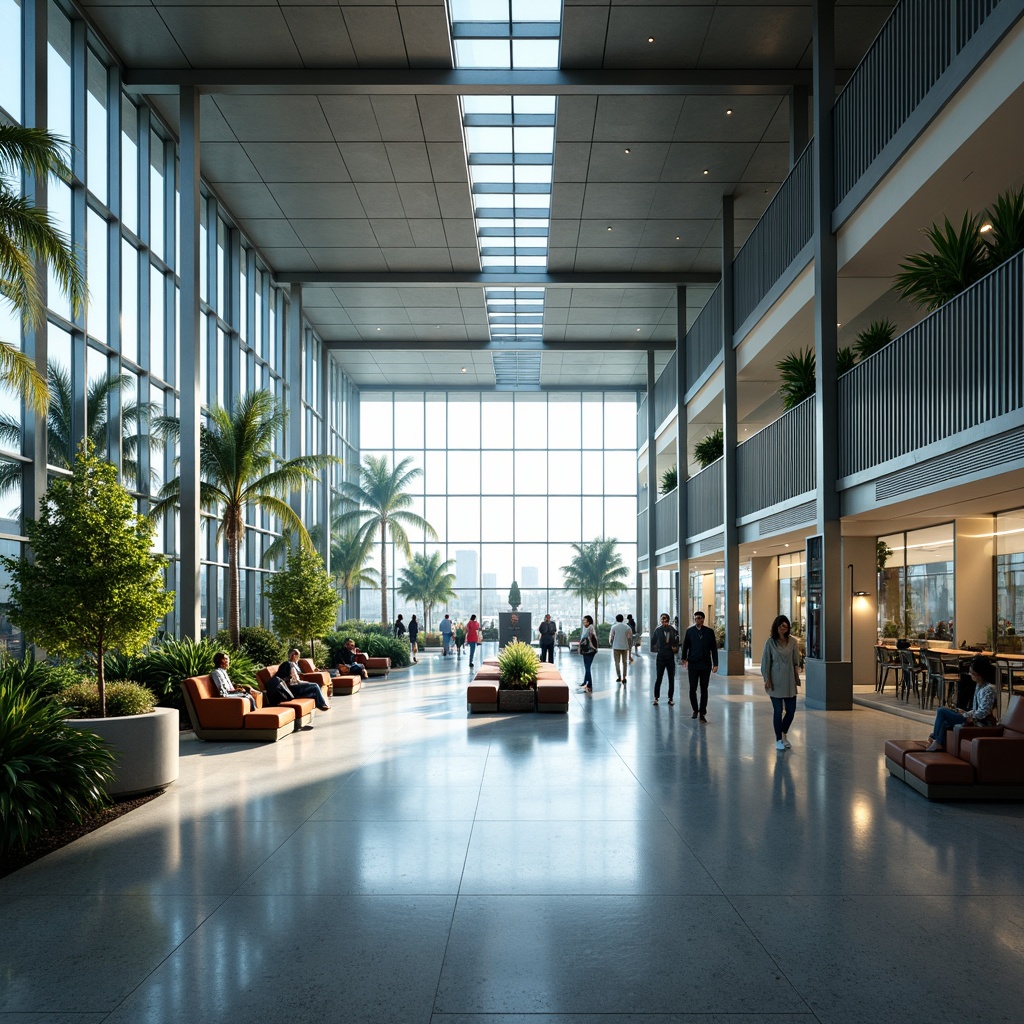 Prompt: Airy airport terminal, high ceilings, natural light, expansive windows, minimal columns, open floor plans, sleek modern architecture, metallic structures, polished marble floors, lush greenery, tropical plants, comfortable seating areas, ample power outlets, futuristic LED lighting, vibrant color schemes, dynamic spatial flow, 1/2 composition, shallow depth of field, realistic reflections.