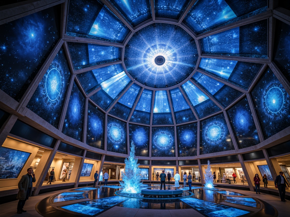 Prompt: Celestial planetarium, glass installations, starry night sky, 360-degree dome, futuristic architecture, sleek metal framework, translucent glass panels, LED light displays, interactive exhibits, space-inspired sculptures, nebula-colored glass art, glossy reflective surfaces, ambient lighting, shallow depth of field, panoramic view, realistic textures, ambient occlusion.