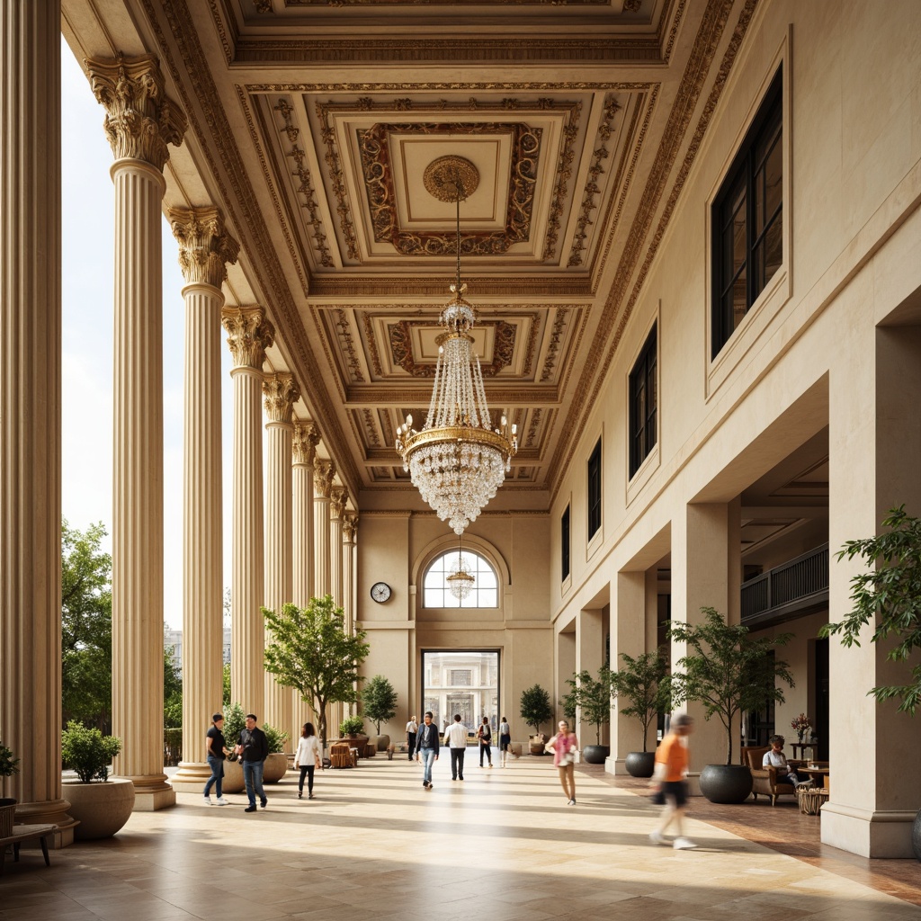 Prompt: Grand community center, neoclassical architecture, ornate ceiling design, intricate moldings, gilded details, crystal chandeliers, luxurious fabrics, subtle color palette, cream marble floors, tall columns, arched windows, symmetrical layout, natural light pouring in, soft warm glow, shallow depth of field, 1/2 composition, realistic textures, ambient occlusion.