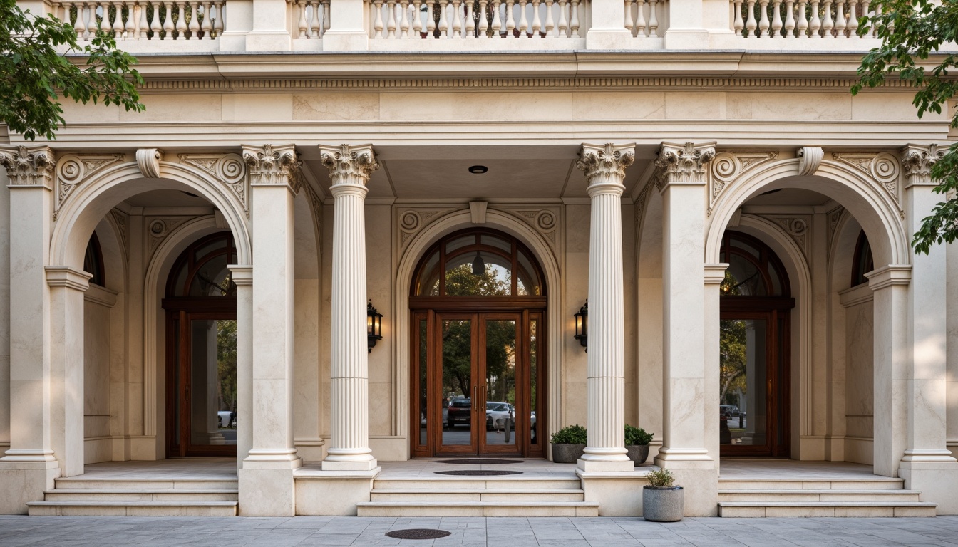 Prompt: Elegant neoclassical building facade, ornate Corinthian columns, intricately carved capitals, fluted column shafts, grand entranceway, sweeping archways, ornamental moldings, soft cream-colored stone, rusticated base, symmetrical composition, balanced proportions, classical pediment, decorative frieze, subtle warm lighting, shallow depth of field, 2/3 composition, realistic textures, ambient occlusion.