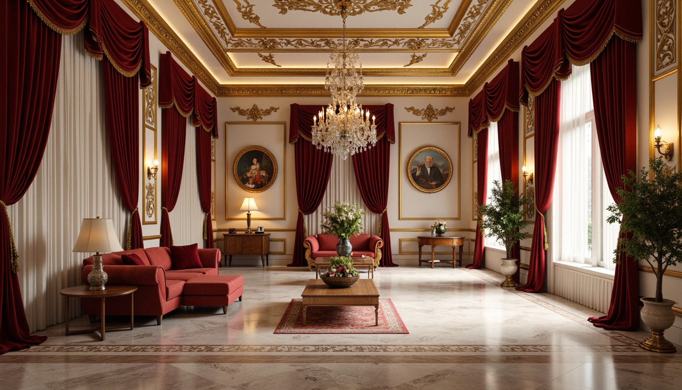 Prompt: Rich velvet fabrics, ornate golden frames, luxurious cream walls, intricate marble floors, lavish crystal chandeliers, dramatic red accents, opulent furnishings, grandiose architecture, heavy drapery, majestic high ceilings, sumptuous textures, warm candlelight, 1/1 composition, shallow depth of field, realistic reflections.