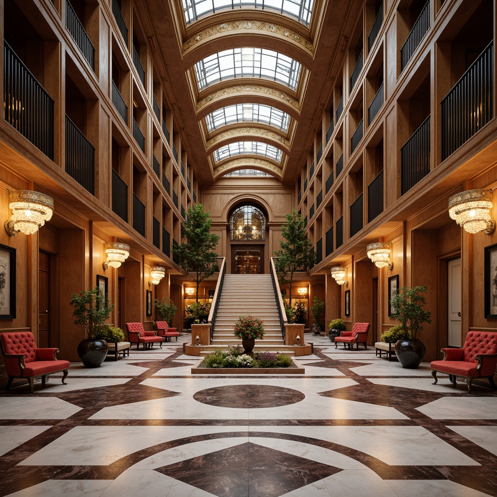 Prompt: Luxurious public administration building, ornate metalwork, polished marble floors, grand staircase, lavish chandeliers, geometric patterns, metallic accents, rich wood tones, velvety upholstery, curved lines, opulent furniture, intricate carvings, gilded details, vintage accessories, sophisticated color palette, warm golden lighting, shallow depth of field, 1/1 composition, symmetrical framing, high-contrast textures, ambient occlusion.