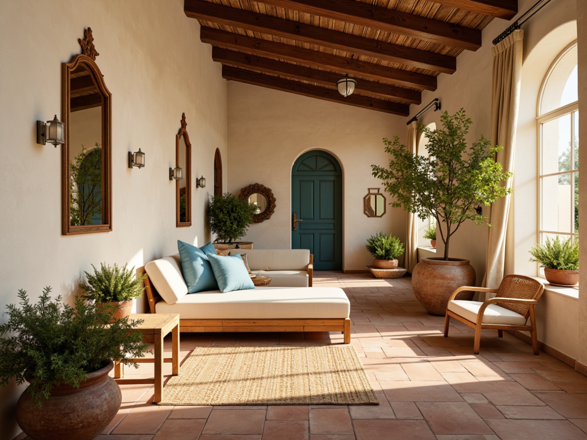 Prompt: Warm Mediterranean villa, soft creamy walls, terracotta floors, rustic wooden beams, vintage decorative tiles, distressed furniture, natural linen fabrics, woven rattan accents, warm golden lighting, sun-drenched atmosphere, lush greenery, potted olive trees, bright blue accents, earthy terracotta pots, traditional ornate mirrors, elegant archways, cozy reading nooks, plush throw pillows, soft beige drapes, 1/1 composition, shallow depth of field, warm natural textures.