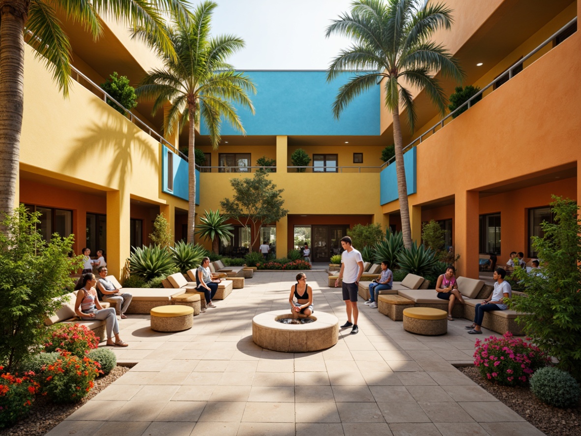 Prompt: Vibrant community center, diverse cultural backgrounds, warm beige walls, rich wood accents, uplifting yellow tones, calming blue hues, energetic orange highlights, natural stone flooring, abundant greenery, softbox lighting, 1/2 composition, shallow depth of field, realistic textures, ambient occlusion.