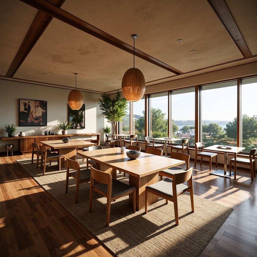 Prompt: Mid-century modern dining room, wooden furniture, sleek lines, minimal ornamentation, large windows, natural light, open space, functional layout, comfortable seating, elegant chandeliers, geometric patterns, warm neutral tones, earthy color palette, organic textures, woven fibers, soft carpeting, subtle contrasts, 3/4 composition, shallow depth of field, panoramic view, realistic materials, ambient occlusion.