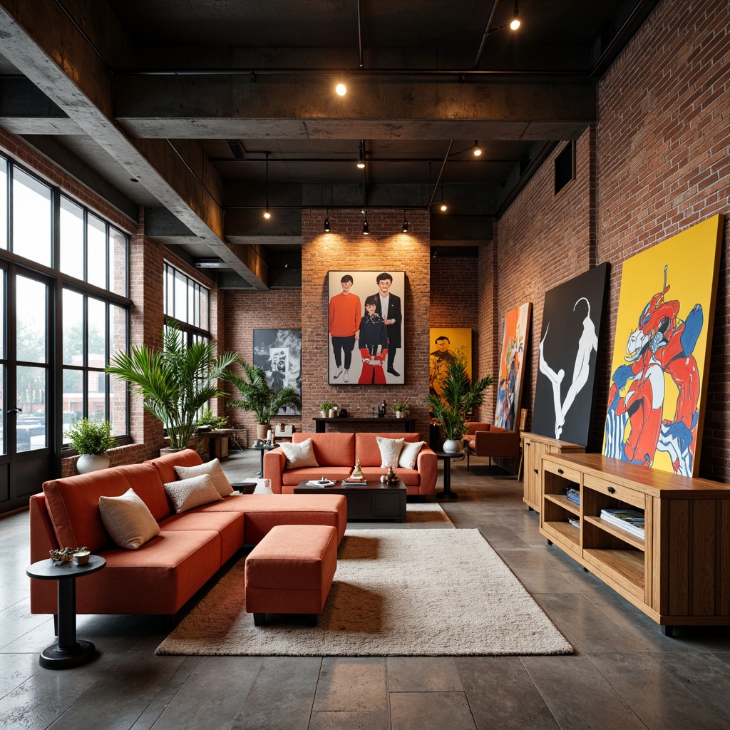 Prompt: Vibrant modern art studio, industrial chic decor, exposed brick walls, polished concrete floors, eclectic furniture pieces, abstract artwork, bold color blocking, contrasting textures, sleek metallic accents, warm atmospheric lighting, shallow depth of field, 1/1 composition, cinematic view, realistic renderings, ambient occlusion.