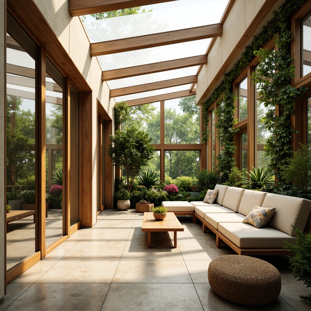 Prompt: Vibrant sunroom interior, floor-to-ceiling windows, sliding glass doors, natural stone flooring, wooden accents, greenery walls, modern minimalist furniture, soft cushions, warm beige colors, abundant natural light, clerestory windows, skylights, solar tubes, translucent roof panels, ambient warm lighting, 1/2 composition, shallow depth of field, realistic textures, subtle shadows.Please let me know if this meets your expectations!