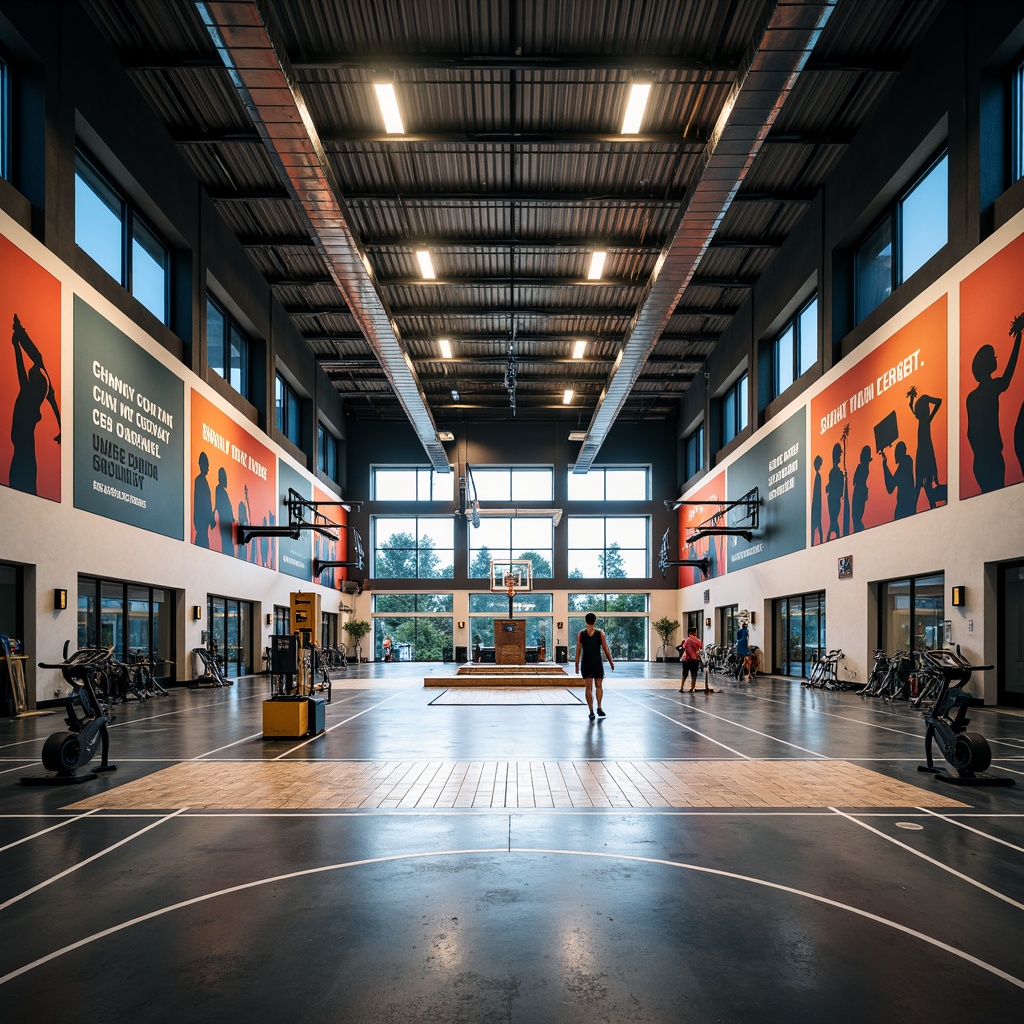 Prompt: Modern gymnasium interior, high ceilings, exposed ductwork, polished concrete floors, industrial lighting fixtures, metal beams, motivational quotes, athletic equipment, basketball hoops, volleyball nets, weightlifting machines, treadmills, exercise bikes, mirrored walls, bright color accents, energetic atmosphere, dramatic shadows, low-angle photography, 1/2 composition, warm tone lighting, realistic textures.