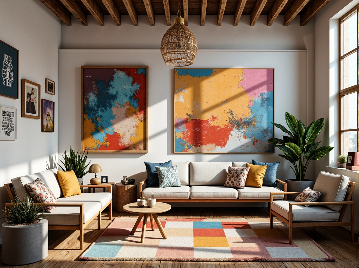 Prompt: Vibrant artistic studio, eclectic furniture, abstract artwork, bold color blocks, pastel hues, rich textures, metallic accents, natural light pouring in, airy atmosphere, creative freedom, inspirational quotes, modern decorative pieces, geometric patterns, bold typography, expressive brushstrokes, warm and cool tones, 1/2 composition, soft focus, atmospheric lighting, realistic renderings, ambient occlusion.