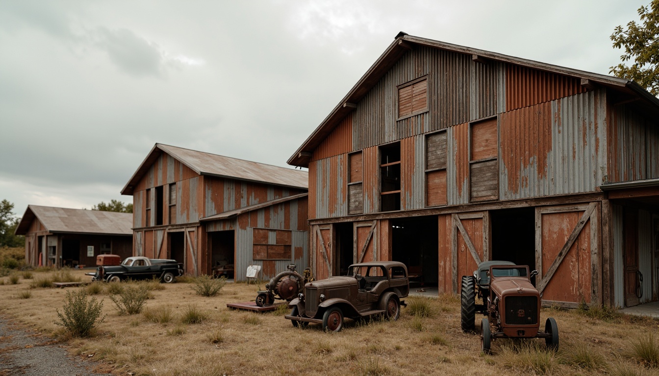 Prompt: Rustic corrugated iron sheets, weathered metallic texture, distressed industrial look, earthy brown color, rugged rural landscape, old barns, farmhouses, vintage machinery, worn wooden planks, faded rustic signs, overcast sky, soft warm lighting, shallow depth of field, 1/1 composition, realistic wear and tear, ambient occlusion.