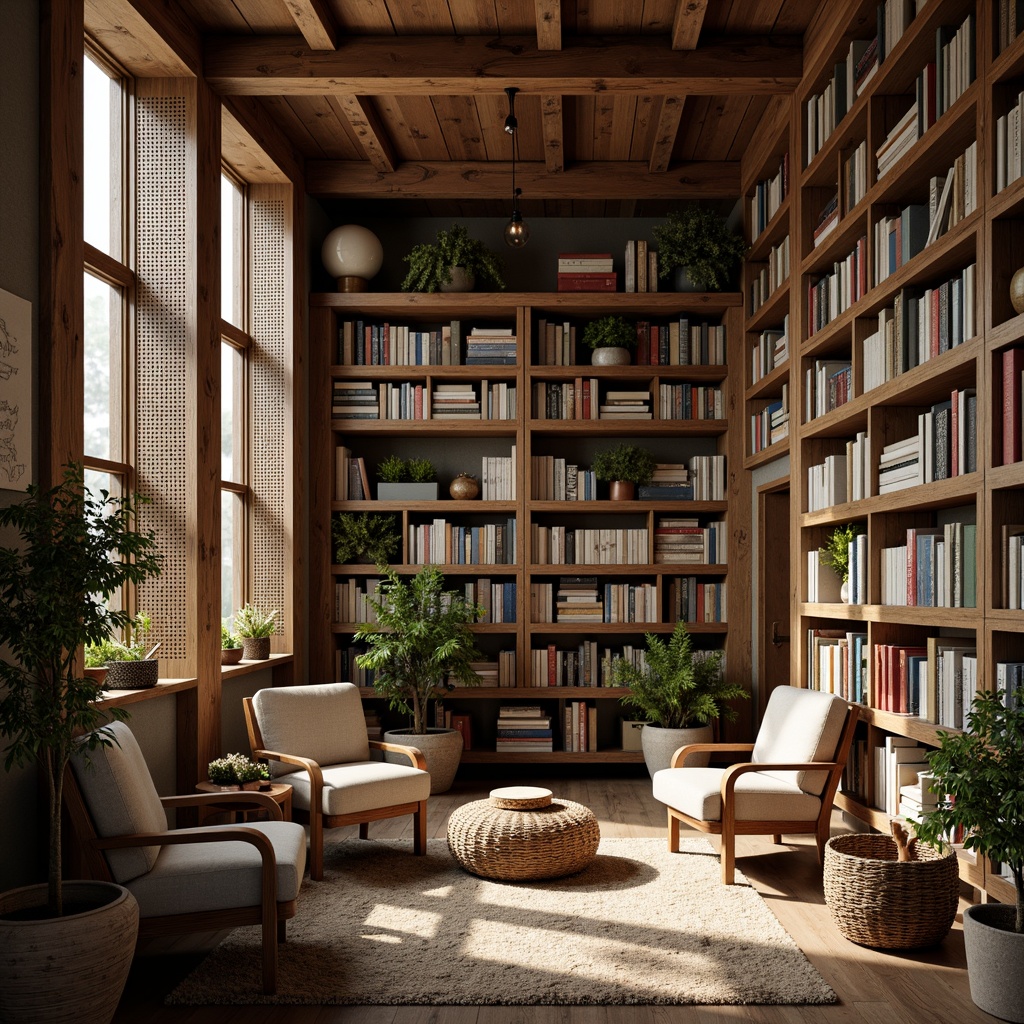 Prompt: Rustic farmhouse library, wooden bookshelves, vintage novels, cozy reading nooks, perforated metal screens, natural light filtering, earthy color palette, distressed wood accents, plush armchairs, woven baskets, potted plants, soft warm lighting, shallow depth of field, 1/1 composition, realistic textures, ambient occlusion.