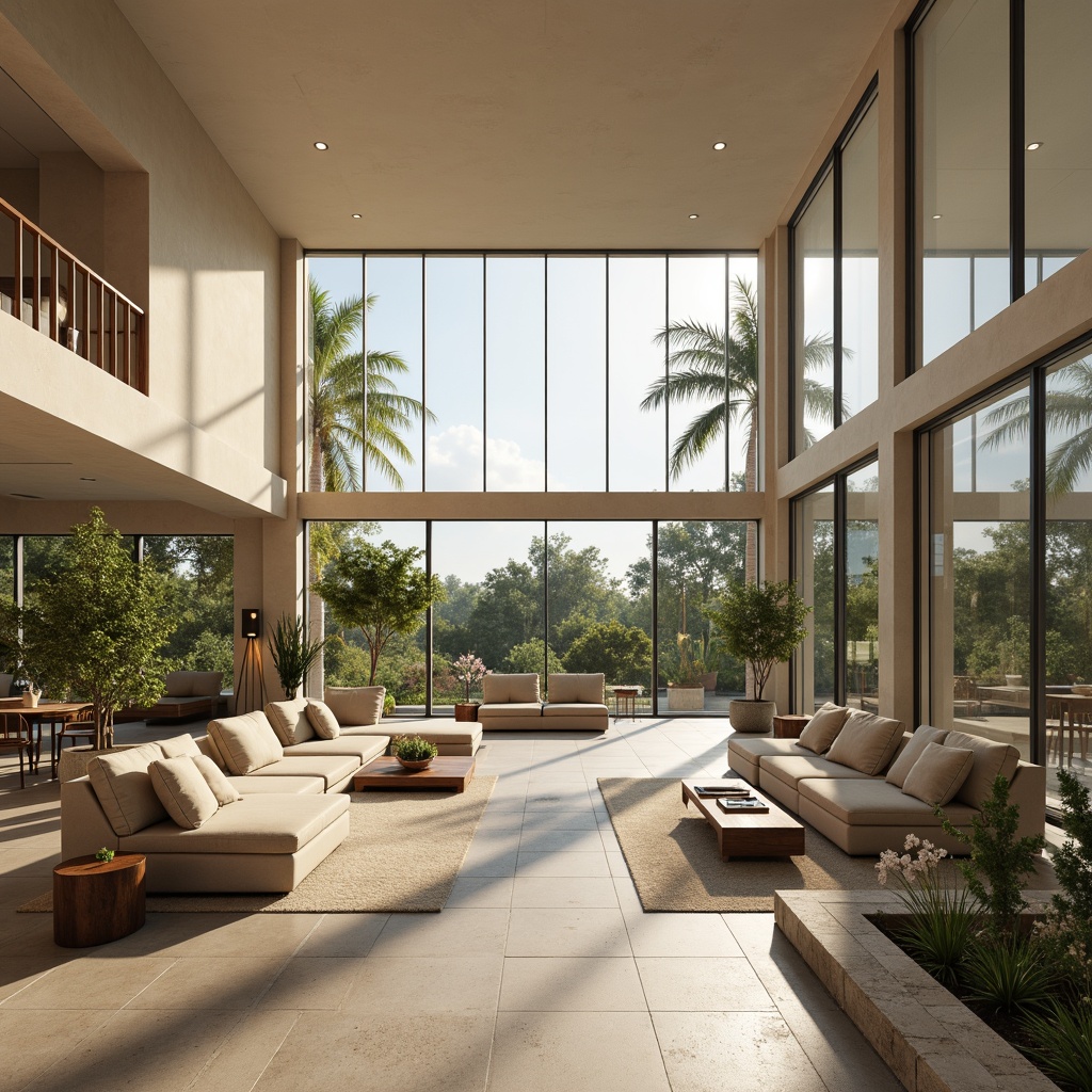 Prompt: Spacious great room, high ceilings, large windows, sliding glass doors, natural stone floors, minimalist decor, cream-colored walls, beige sofas, wooden coffee tables, lush greenery, potted plants, floor lamps, soft warm lighting, shallow depth of field, 3/4 composition, panoramic view, realistic textures, ambient occlusion.