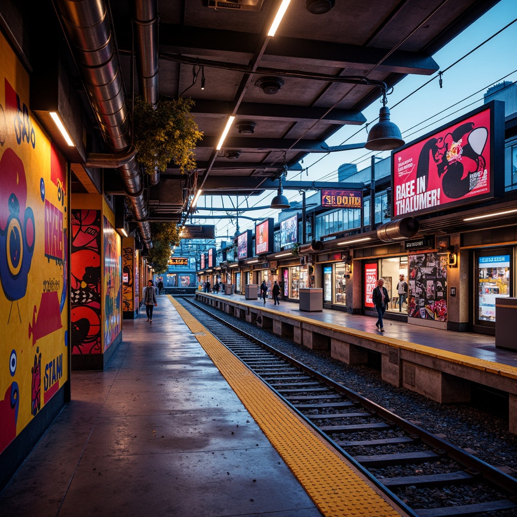 Prompt: Vibrant train station, bold color blocking, neon lights, retro-futuristic accents, eclectic signage, distressed textures, industrial materials, exposed ductwork, abstract geometric patterns, urban graffiti, dynamic lighting effects, warm atmospheric glow, 1-point perspective, cinematic composition, high-contrast colors, nostalgic 80s vibe, futuristic sci-fi elements, sleek metallic surfaces, ornate details, brutalist architecture, playful typography, abstract art installations, bustling city atmosphere, evening twilight ambiance.