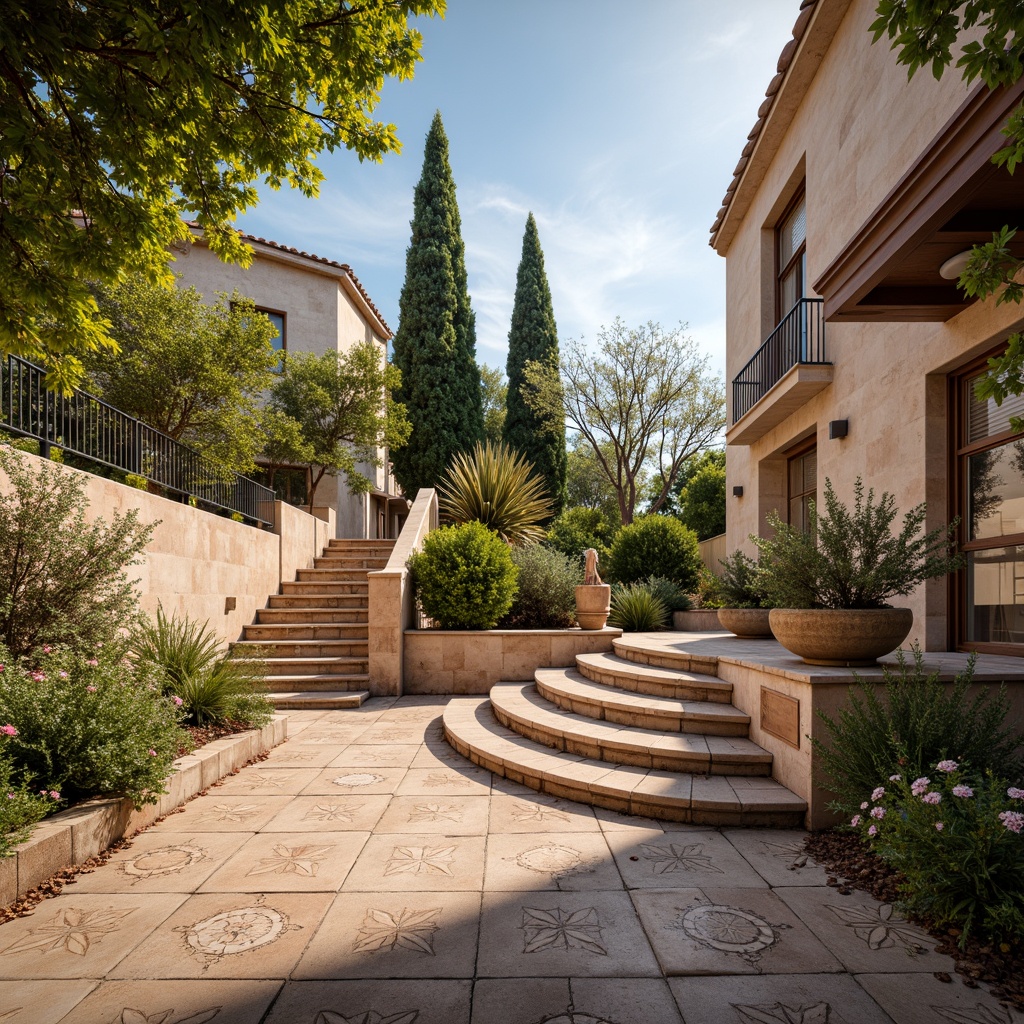 Prompt: Mediterranean staircase, ornate tile patterns, warm beige colors, intricate mosaics, curved steps, wrought iron railings, rustic stone walls, sunny Mediterranean climate, blooming flowers, lush greenery, soft natural lighting, 3/4 composition, shallow depth of field, panoramic view, realistic textures, ambient occlusion.