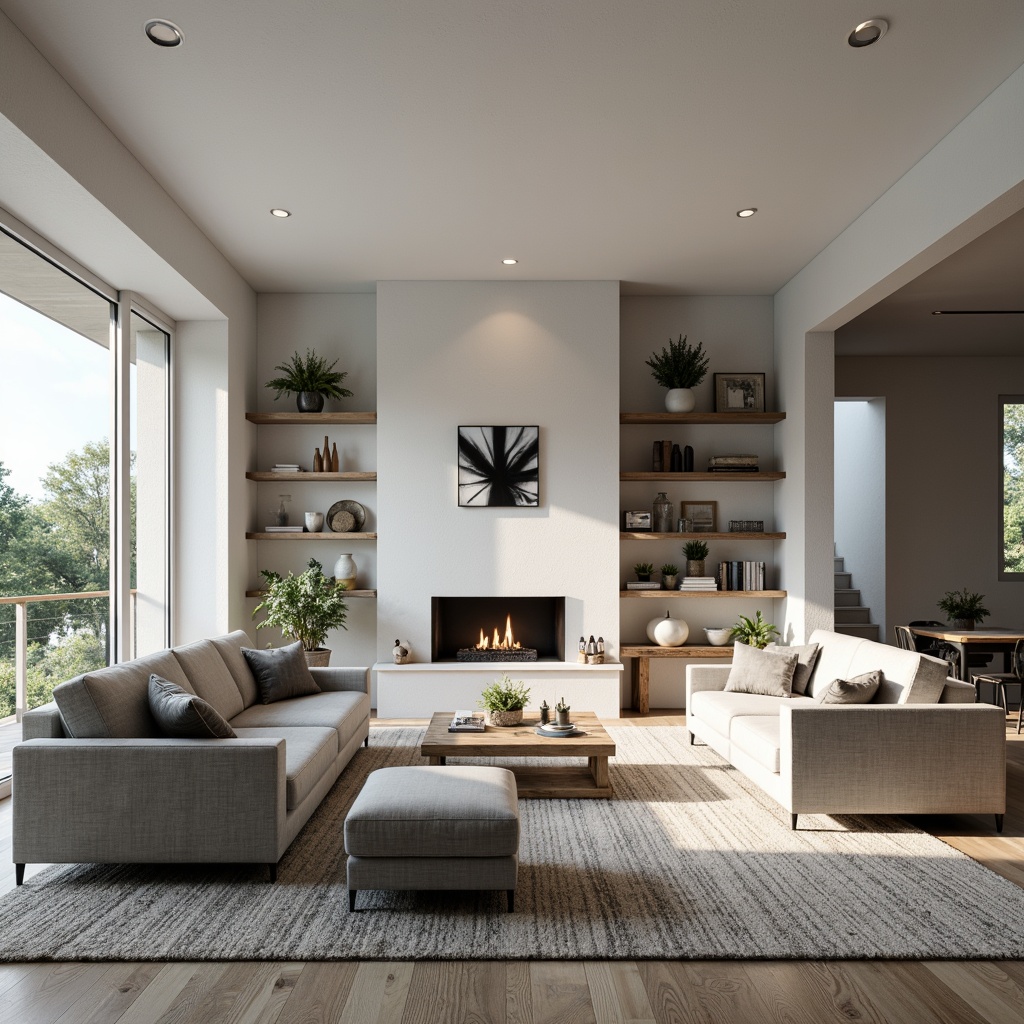 Prompt: Monochromatic living room, sleek low-profile sofas, minimalist coffee tables, industrial metal chairs, reclaimed wood shelves, Scandinavian-inspired decor, floor-to-ceiling windows, natural light pouring in, soft warm ambiance, 1/1 composition, shallow depth of field, realistic textures, ambient occlusion.