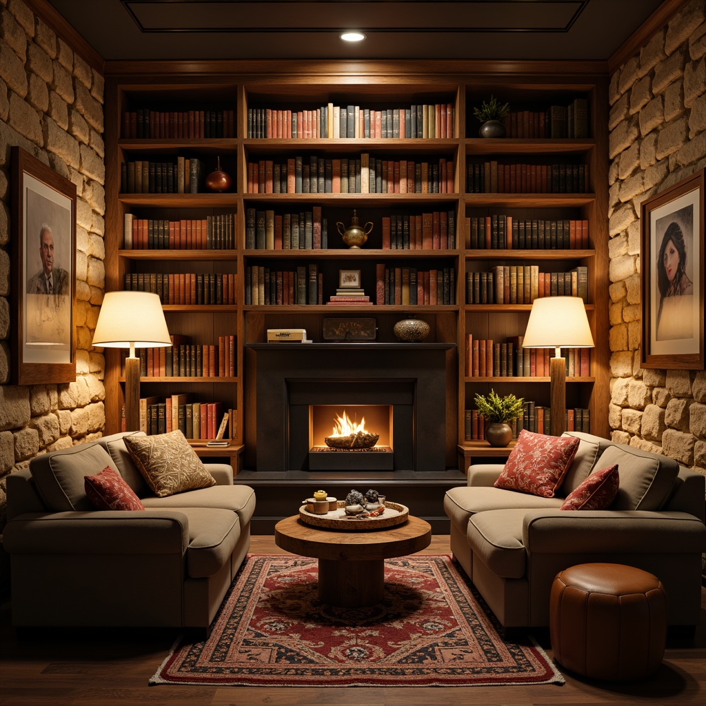 Prompt: Quiet reading nooks, plush sofas, warm floor lamps, wooden bookshelves, comfortable cushions, natural stone walls, earthy color schemes, soft carpeting, rounded tables, leather armchairs, vintage rugs, classic literature displays, peaceful atmosphere, warm lighting, shallow depth of field, 3/4 composition, realistic textures, ambient occlusion.