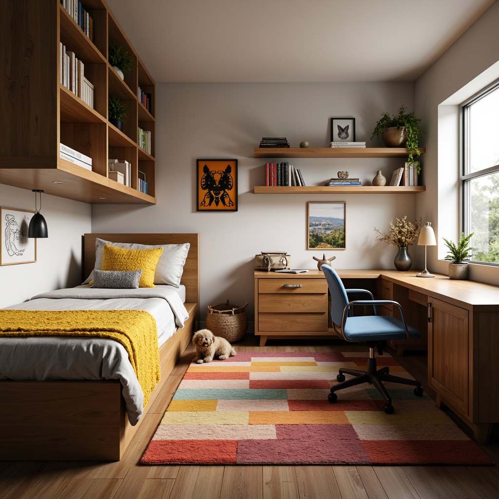 Prompt: Cozy student dorm room, modern furniture layout, comfortable bedding, wooden desk, ergonomic chair, ample storage shelves, colorful rug, minimalist decor, natural light, soft warm glow, shallow depth of field, 1/1 composition, realistic textures, ambient occlusion.