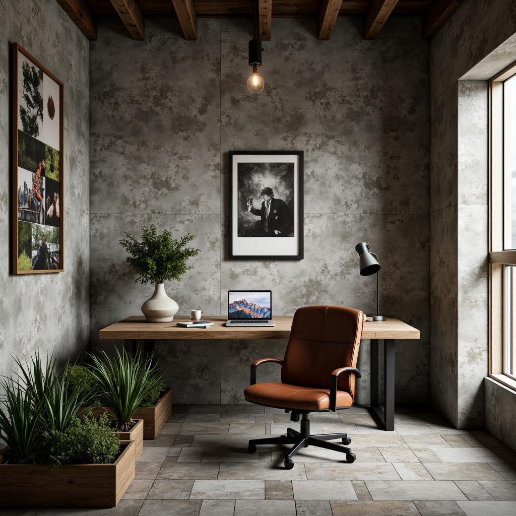 Prompt: Rugged home office space, brutalist architecture, raw concrete walls, industrial metal beams, reclaimed wood accents, minimalist decor, ergonomic desk, sleek leather chair, modern task lamp, greenery-filled planters, natural stone flooring, urban loft ambiance, dramatic overhead lighting, shallow depth of field, 2/3 composition, cinematic atmosphere, realistic textures, ambient occlusion.