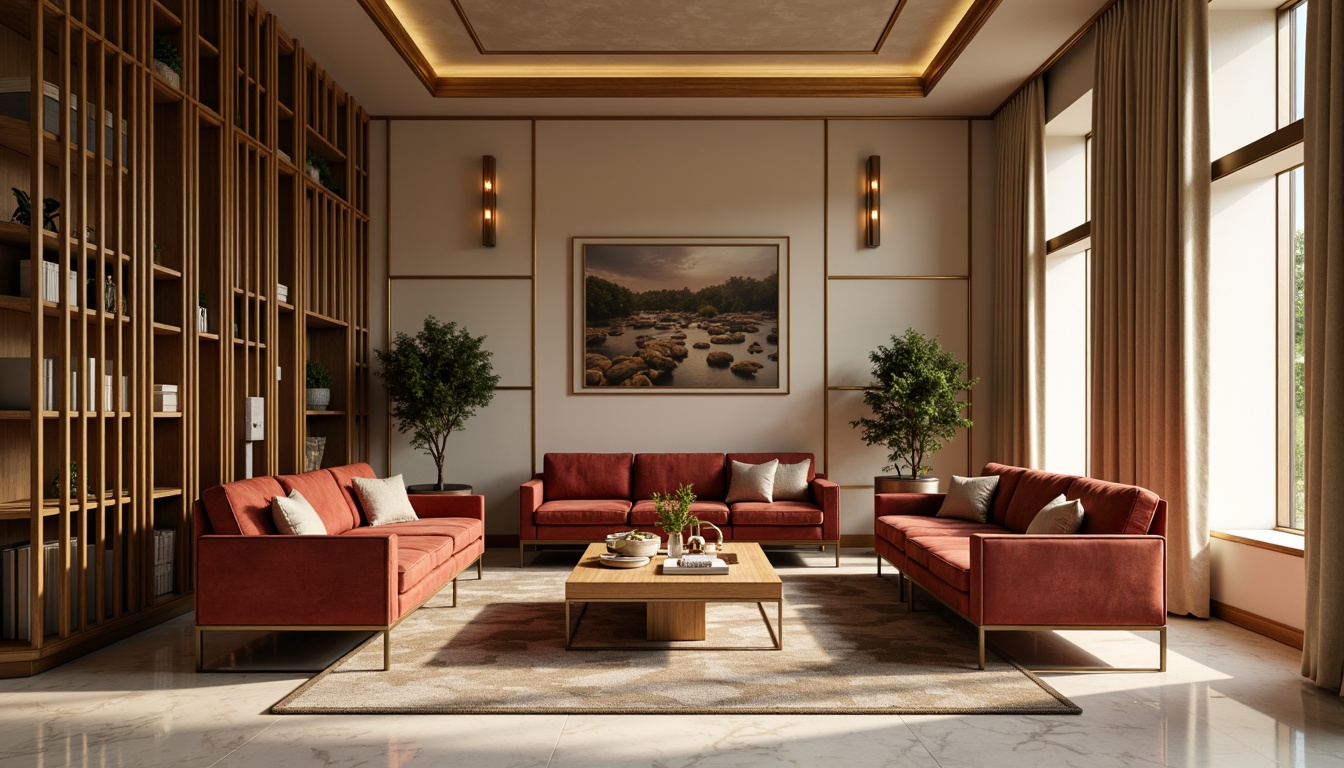 Prompt: Luxurious velvet sofas, rich wood accents, ornate metal frames, plush cushions, tufted upholstery, elegant curves, soft golden lighting, warm beige walls, refined marble floors, sophisticated minimalist decor, cozy reading nooks, comfortable oversized armchairs, stylish coffee tables, lavish drapery, subtle patterns, calming color palette, 1/1 composition, shallow depth of field, realistic textures.