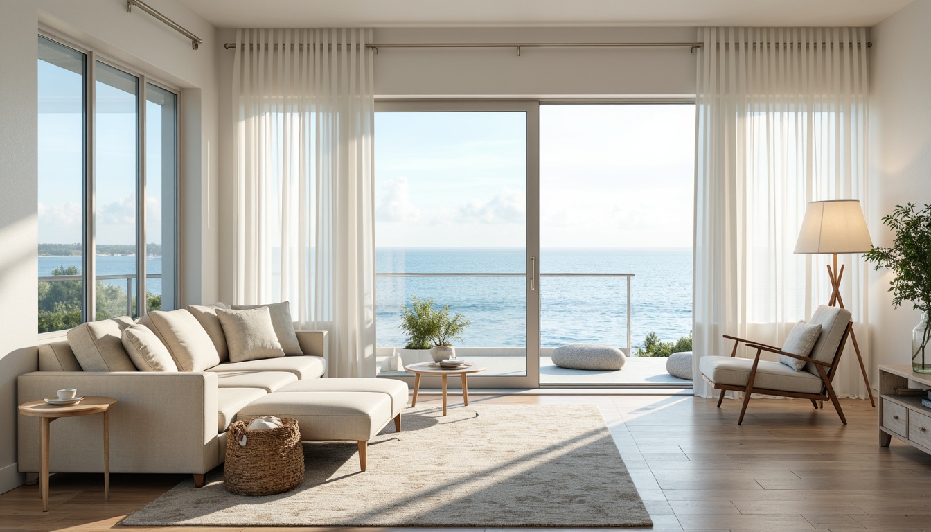 Prompt: Coastal living room, large windows, sliding glass doors, ocean views, natural light pouring in, white walls, light wood floors, minimal decor, beachy vibe, calming atmosphere, soft pastel colors, sheer curtains, reflective surfaces, LED lighting, indirect illumination, 1/2 composition, shallow depth of field, warm glow, sunny day, sea breeze, sound of waves.Please let me know if this meets your requirements!