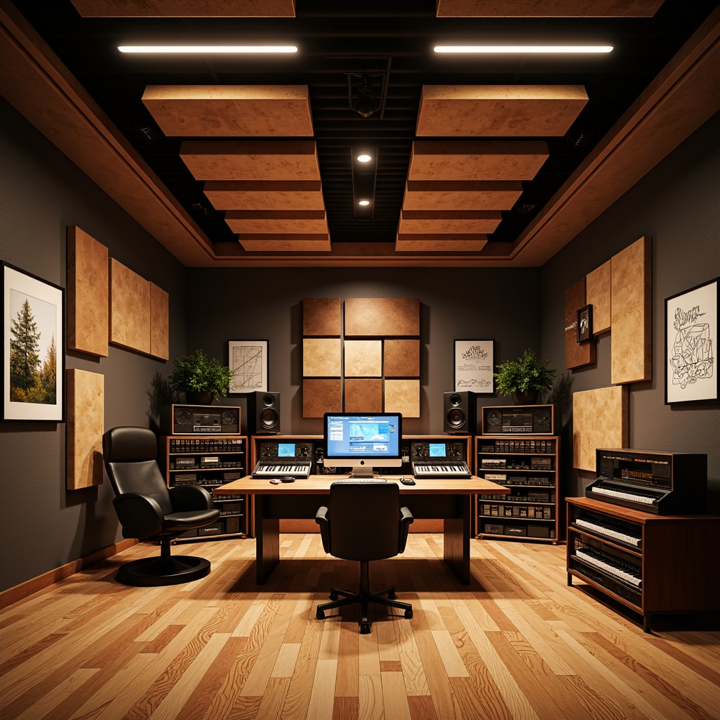 Prompt: Professional recording studio, soundproofing materials, acoustic panels, diffusers, absorbers, bass traps, wooden flooring, minimal reverberation, precise sound reflection, optimal room dimensions, strategic speaker placement, high-fidelity equipment, mixing console, audio interfaces, microphones, headphones, sound wave patterns, warm ambiance, soft indirect lighting, 3/4 composition, realistic textures, ambient occlusion.