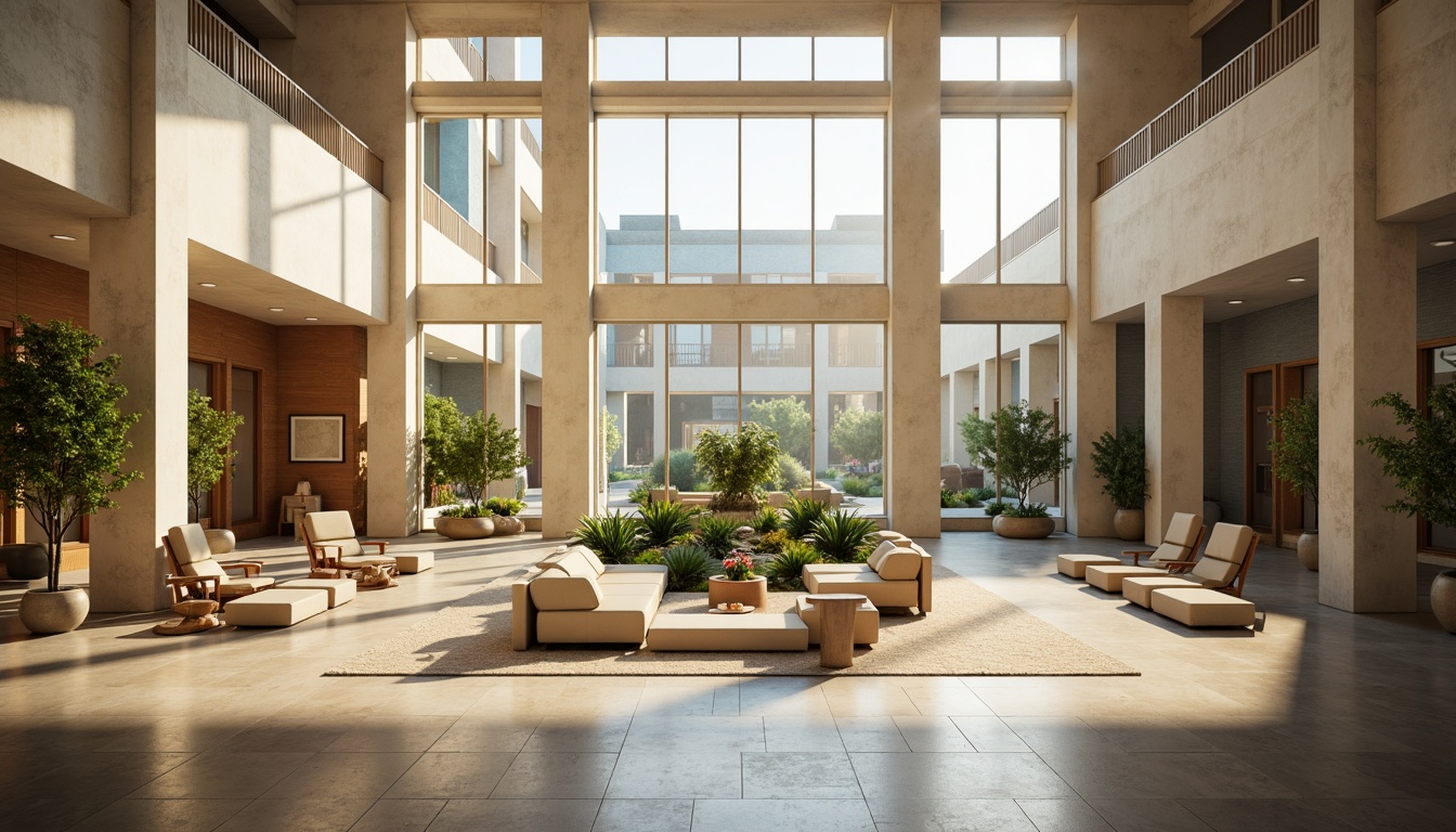 Prompt: Serene government building, elegant columns, neutral beige walls, polished wooden floors, soft cream accents, calm blue tones, subtle gold details, natural stone textures, spacious atriums, minimalist furniture, abundant greenery, plenty of natural light, warm afternoon sunbeams, shallow depth of field, 3/4 composition, realistic reflections, ambient occlusion.