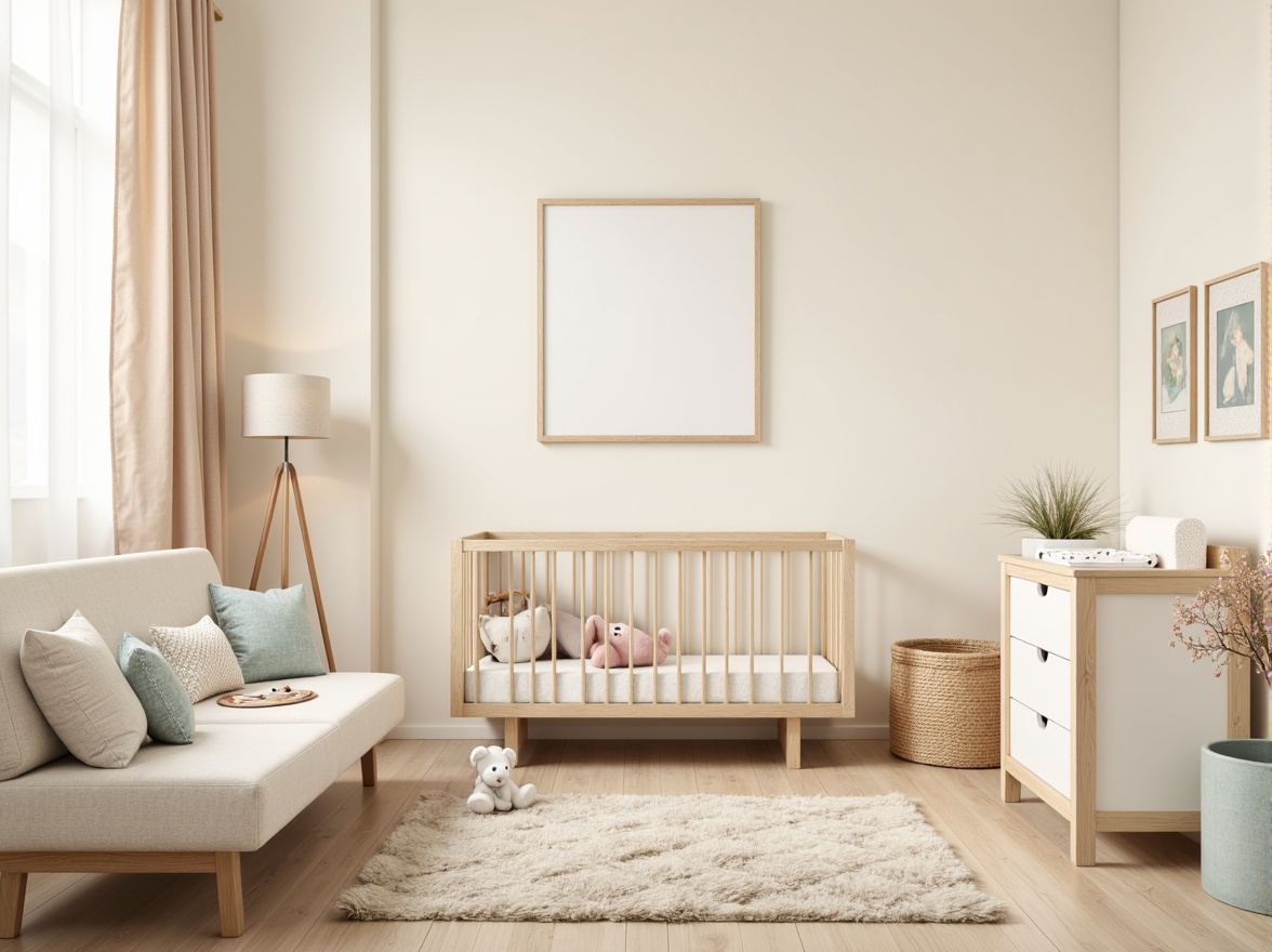 Prompt: Soft pastel colors, gentle polka dots, subtle stripes, cozy fabrics, plush toys, minimalist crib, simple changing table, natural wood tones, creamy whites, beige walls, warm floor lamps, softbox lighting, 1/1 composition, intimate atmosphere, serene ambiance, calming textures, gentle patterns, baby-friendly materials, eco-friendly decor, peaceful color palette, modern simplicity.