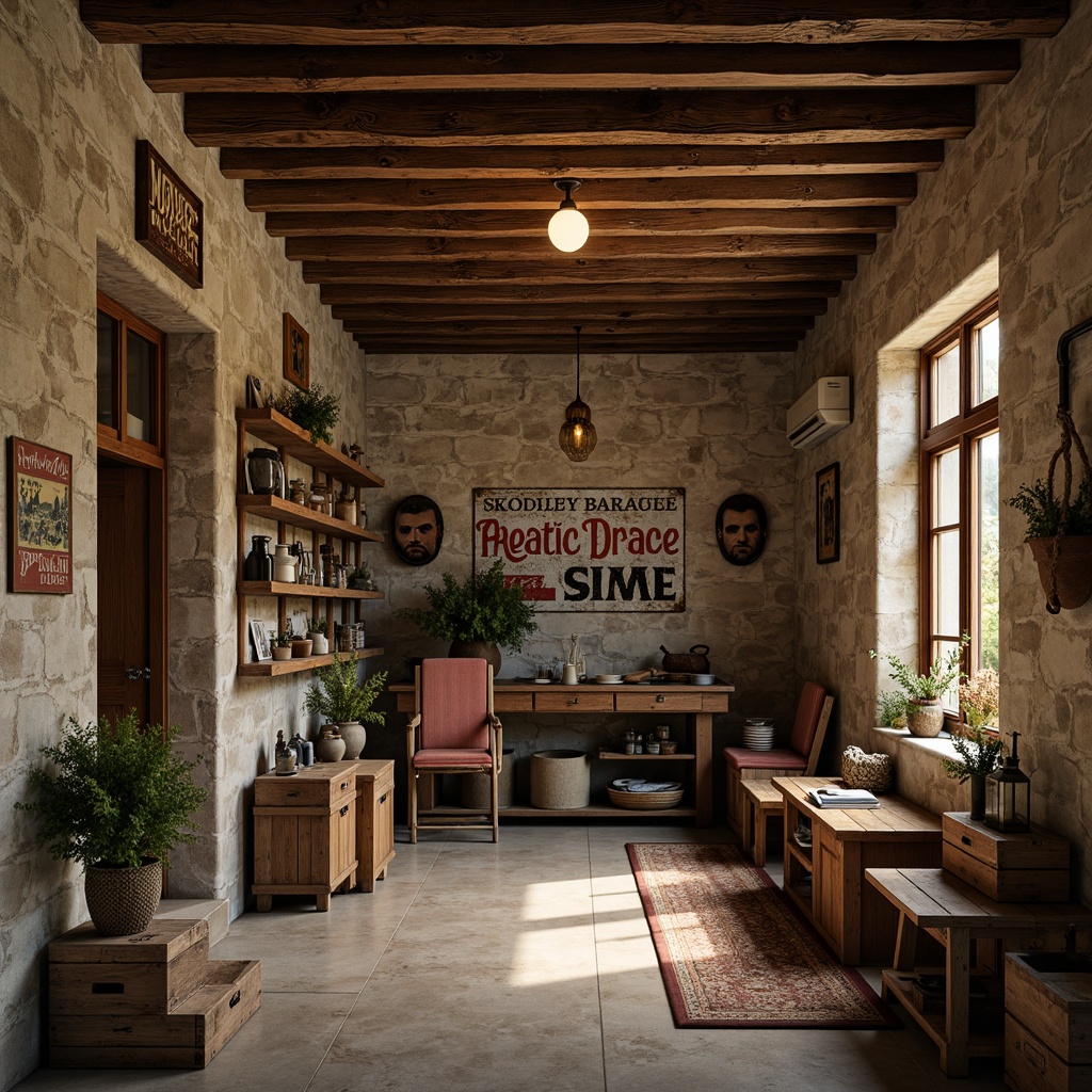 Prompt: Rustic family garage, traditional style, wooden accents, vintage metal signs, distressed finishes, earthy tones, natural stone walls, wooden crates, antique tools, nostalgic memorabilia, soft warm lighting, cozy atmosphere, shallow depth of field, 1/1 composition, realistic textures, ambient occlusion.