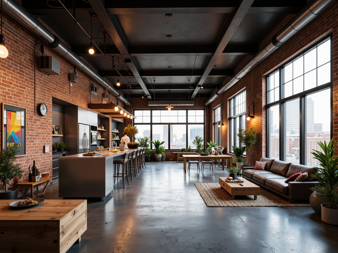 Prompt: Exposed brick walls, industrial-chic decor, polished concrete floors, metal beams, urban loft atmosphere, open-plan living area, minimalist kitchen, stainless steel appliances, reclaimed wood accents, Edison bulb lighting, modern industrial furniture, functional storage spaces, floor-to-ceiling windows, natural light pouring in, cityscape views, bustling metropolitan vibe, vibrant color pops, eclectic art pieces, functional workspaces, collaborative zones, cozy reading nooks, warm ambient lighting, shallow depth of field, 3/4 composition, realistic textures.