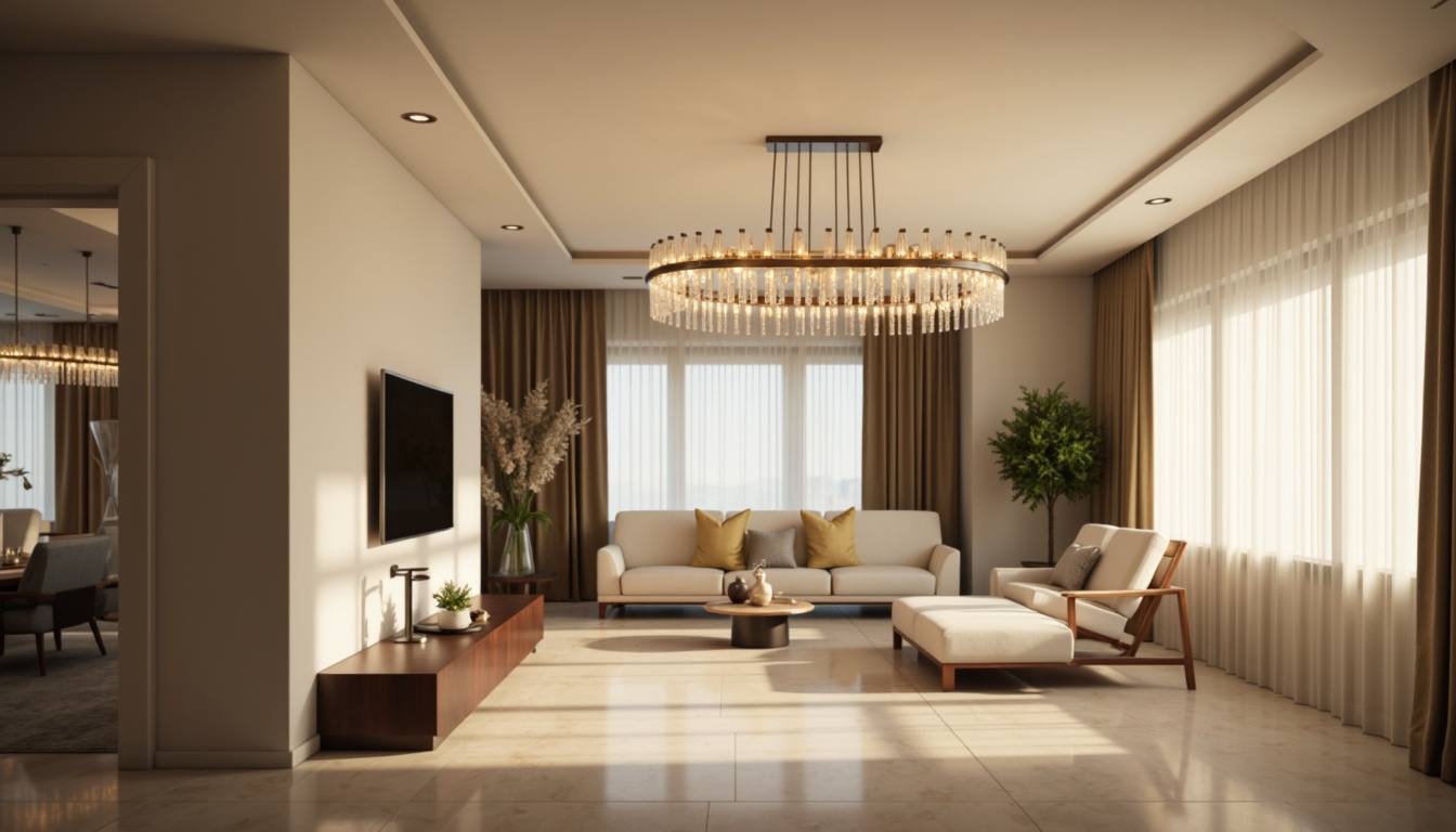 Prompt: Modern chandelier, sleek metal frame, crystal droplets, ambient warm glow, luxurious living room, high ceiling, marble flooring, creamy white walls, minimalist decor, soft warm lighting, cozy atmosphere, 3/4 composition, shallow depth of field, realistic textures, subtle shadows.