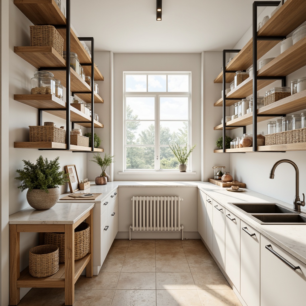 Prompt: Light-filled Scandinavian pantry, minimalist wooden shelves, rustic metal brackets, woven wicker baskets, glass jars with copper lids, modern pull-out storage drawers, soft-close cabinets, marble countertops, industrial-chic lighting fixtures, airy open shelving, natural wood accents, creamy white walls, warm beige flooring, cozy ambient lighting, shallow depth of field, 1/1 composition, realistic textures, subtle reflections.