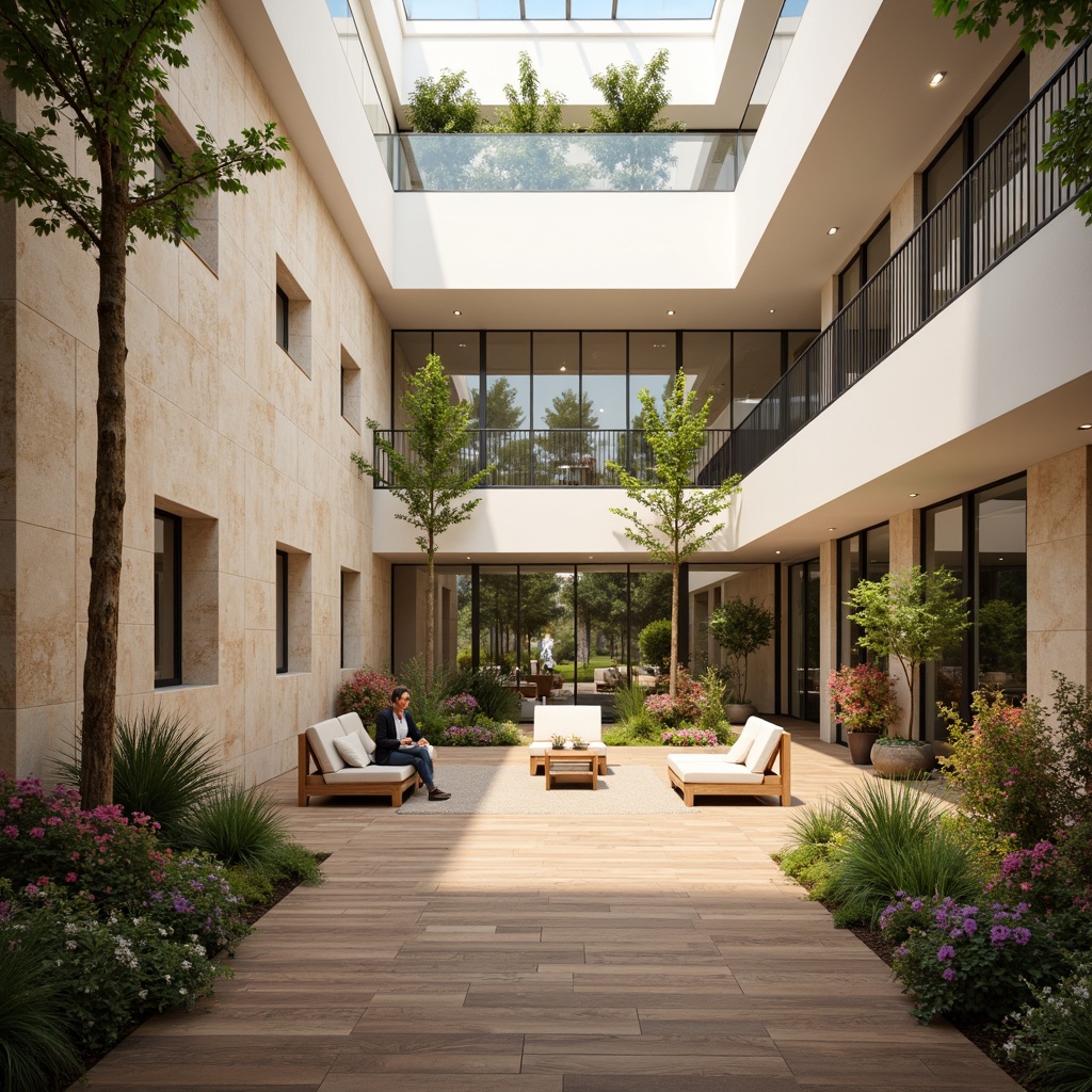 Prompt: Spacious courthouse interior, high ceilings, large windows, clerestory windows, natural stone walls, polished wooden floors, minimal obstruction, open atrium, central courtyard, lush greenery, vibrant flowers, comfortable seating areas, warm beige tones, soft diffused lighting, subtle shading, 1/1 composition, realistic textures, ambient occlusion.