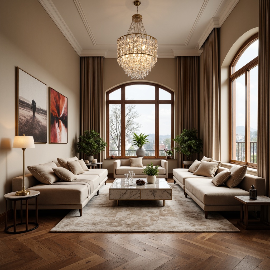 Prompt: Luxurious living room, rich wood flooring, soft plush carpets, velvet sofas, marble countertops, crystal chandeliers, warm beige walls, large windows, natural daylight, cozy reading nook, floor-to-ceiling curtains, subtle texture contrasts, elegant furniture legs, metallic accents, ambient lighting, 1/1 composition, shallow depth of field, realistic reflections.