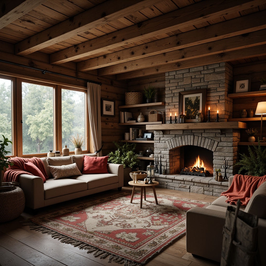 Prompt: Rustic wooden cabin, earthy color palette, natural stone fireplace, vintage furniture pieces, plush throw blankets, woven wicker baskets, distressed metal lanterns, antique decorative items, warm candlelight, soft cozy textiles, forest surroundings, misty morning atmosphere, shallow depth of field, 1/1 composition, realistic wood textures, ambient occlusion.