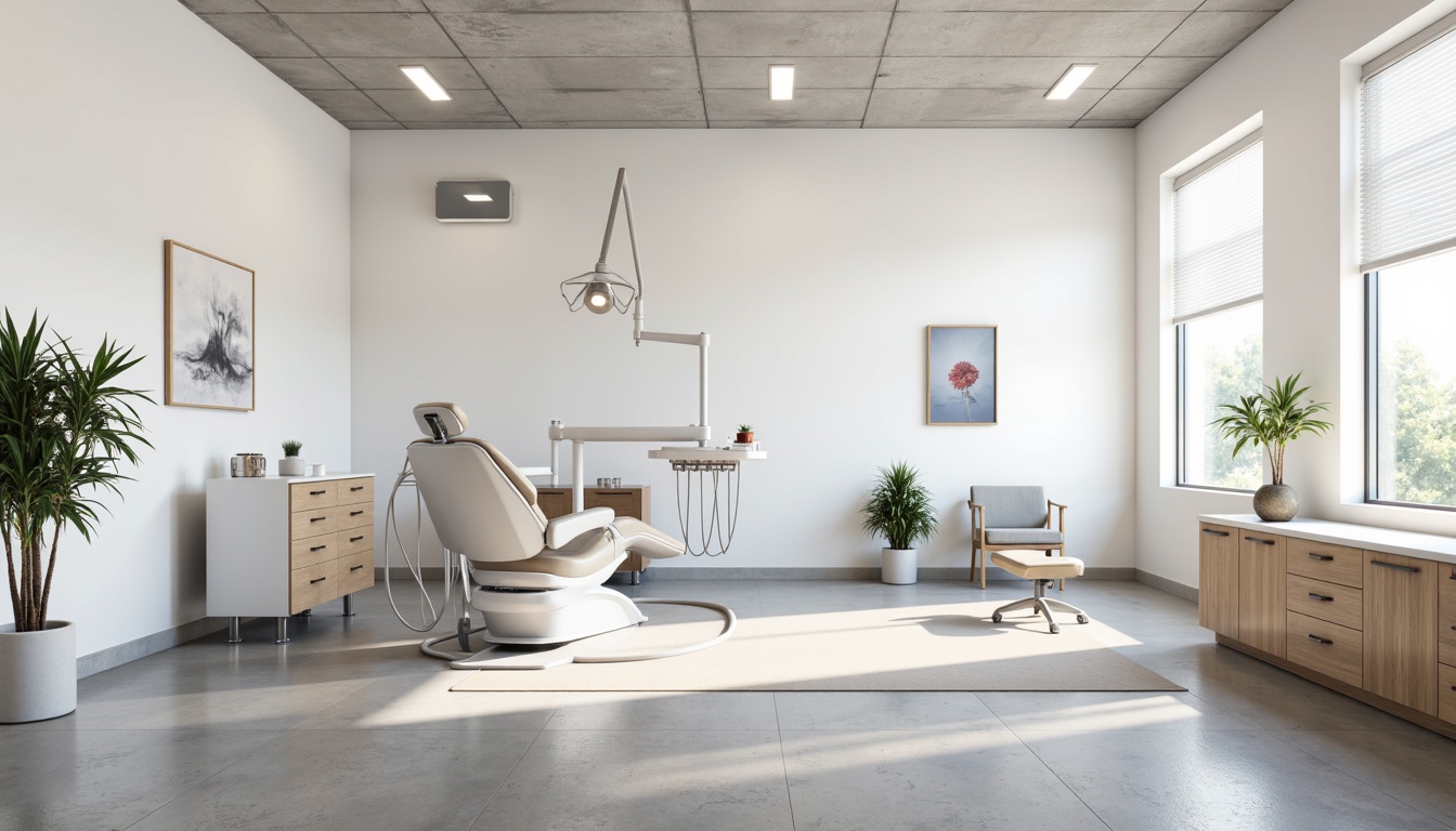 Prompt: Clean minimalistic dental clinic interior, simple white walls, polished concrete floors, sleek metal furniture, modern ergonomic chairs, minimalist decorative elements, subtle LED lighting, calming neutral color palette, spacious open layout, functional modular design, natural wood accents, floor-to-ceiling windows, abundant natural light, subtle branding graphics, serene atmosphere, 1/1 composition, softbox lighting, realistic textures, ambient occlusion.