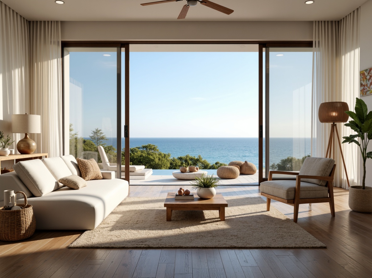 Prompt: Coastal living room, ocean views, large windows, sliding glass doors, sheer curtains, minimalist decor, natural textures, woven fibers, driftwood accents, sea-inspired colors, soft pastel hues, calming atmosphere, abundant natural light, bright airy feel, high ceilings, open floor plan, reflective surfaces, polished wood floors, beachy vibe, casual elegance, warm sunny day, gentle ocean breeze, 1/1 composition, soft focus, warm color temperature.