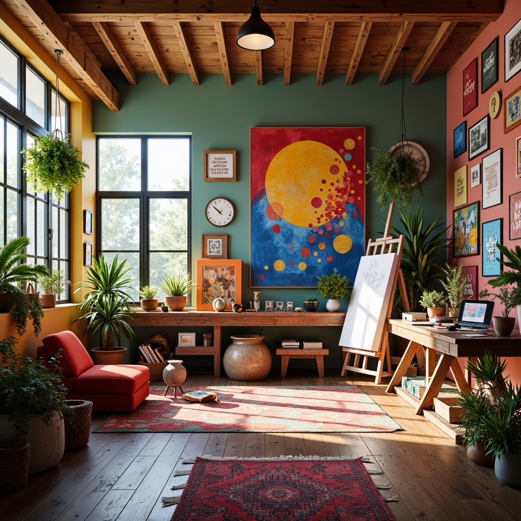 Prompt: Vibrant art studio, eclectic color palette, bold brushstrokes, textured canvases, abstract expressionism, modern artistic style, bright accent walls, wooden easels, natural light pouring in, rustic wooden floors, cozy seating area, colorful rugs, inspirational quotes, artistic supplies scattered, creative freedom atmosphere, warm soft lighting, shallow depth of field, 1/1 composition, realistic textures, ambient occlusion.