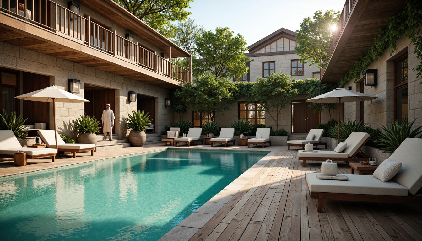 Prompt: Vintage academic decor, wooden pool decks, antique lanterns, ornate railings, luxurious lounge chairs, plush towels, elegant umbrellas, rustic stone walls, ivy-covered facades, classic swimming pool shapes, turquoise water, sunny afternoon, soft warm lighting, shallow depth of field, 3/4 composition, panoramic view, realistic textures, ambient occlusion.