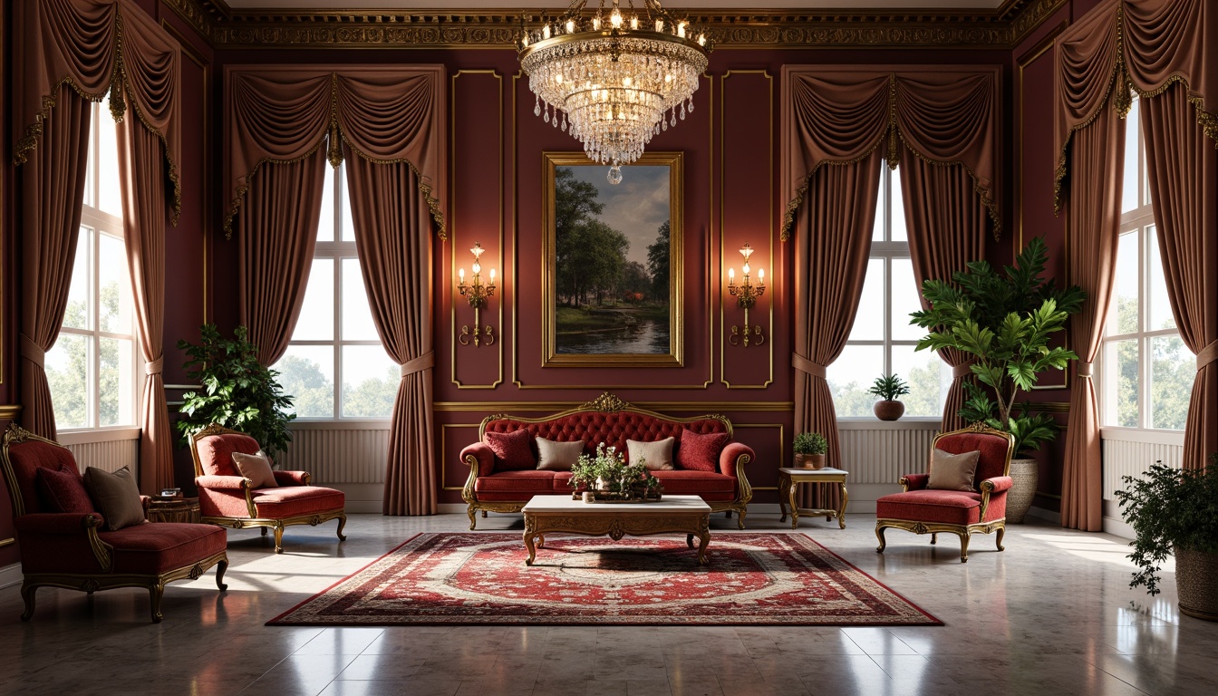 Prompt: Elegant neoclassical interior, ornate gold frames, luxurious velvet upholstery, intricately carved wooden furniture, majestic marble floors, crystal chandeliers, symmetrical compositions, rich jewel-toned color palette, opulent drapery, lavish patterned rugs, antique bronze hardware, sophisticated tufting, refined cabriole legs, exquisite inlays, grandiose scale, dramatic ceiling heights, soft warm lighting, subtle shading.