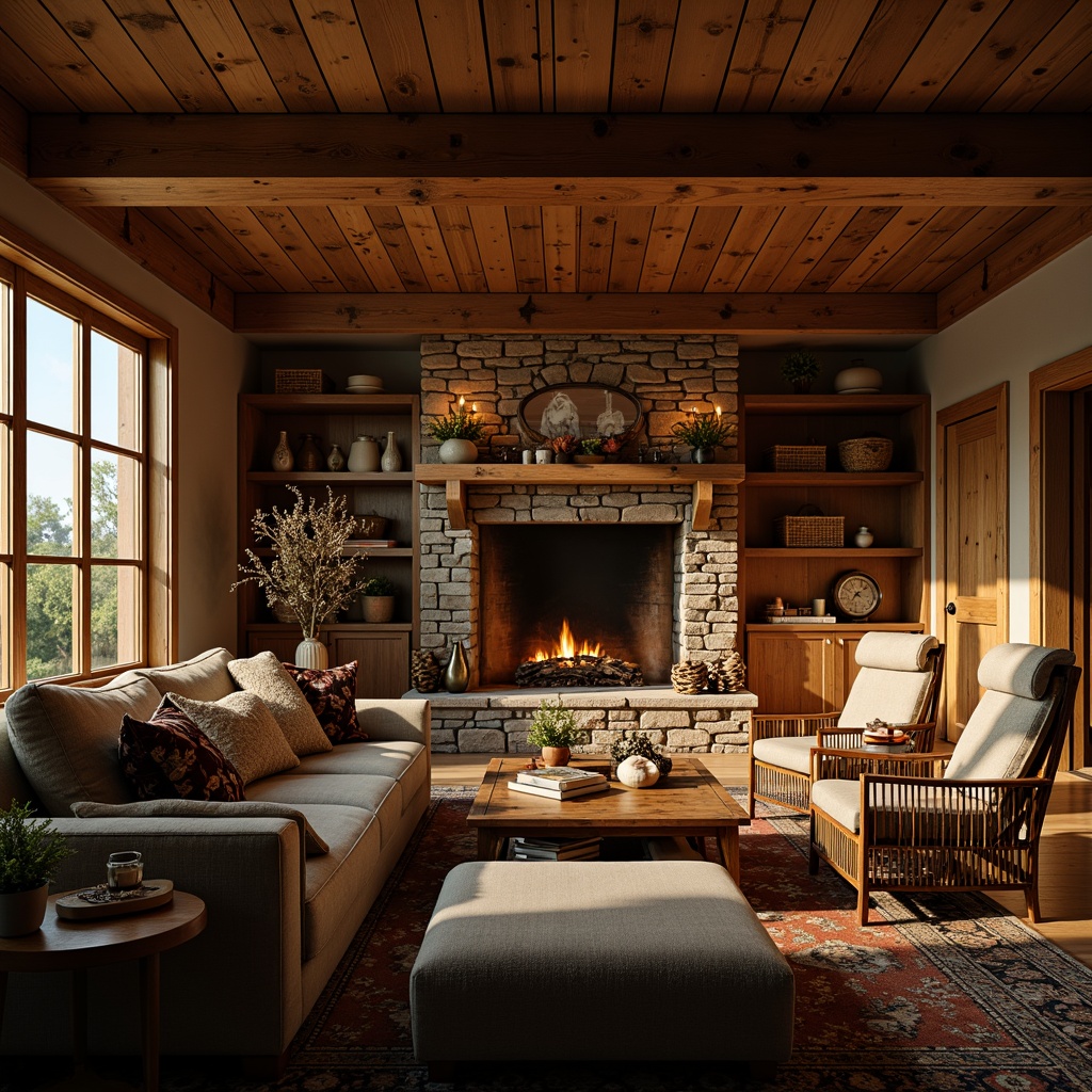 Prompt: Cozy rustic family room, warm wooden accents, natural stone fireplace, plush sectional sofa, vintage armchairs, woven wicker baskets, distressed wood coffee table, earthy tone rug, pinecone decorations, candlelight ambiance, soft golden lighting, shallow depth of field, 2/3 composition, intimate atmosphere, realistic textures, ambient occlusion.