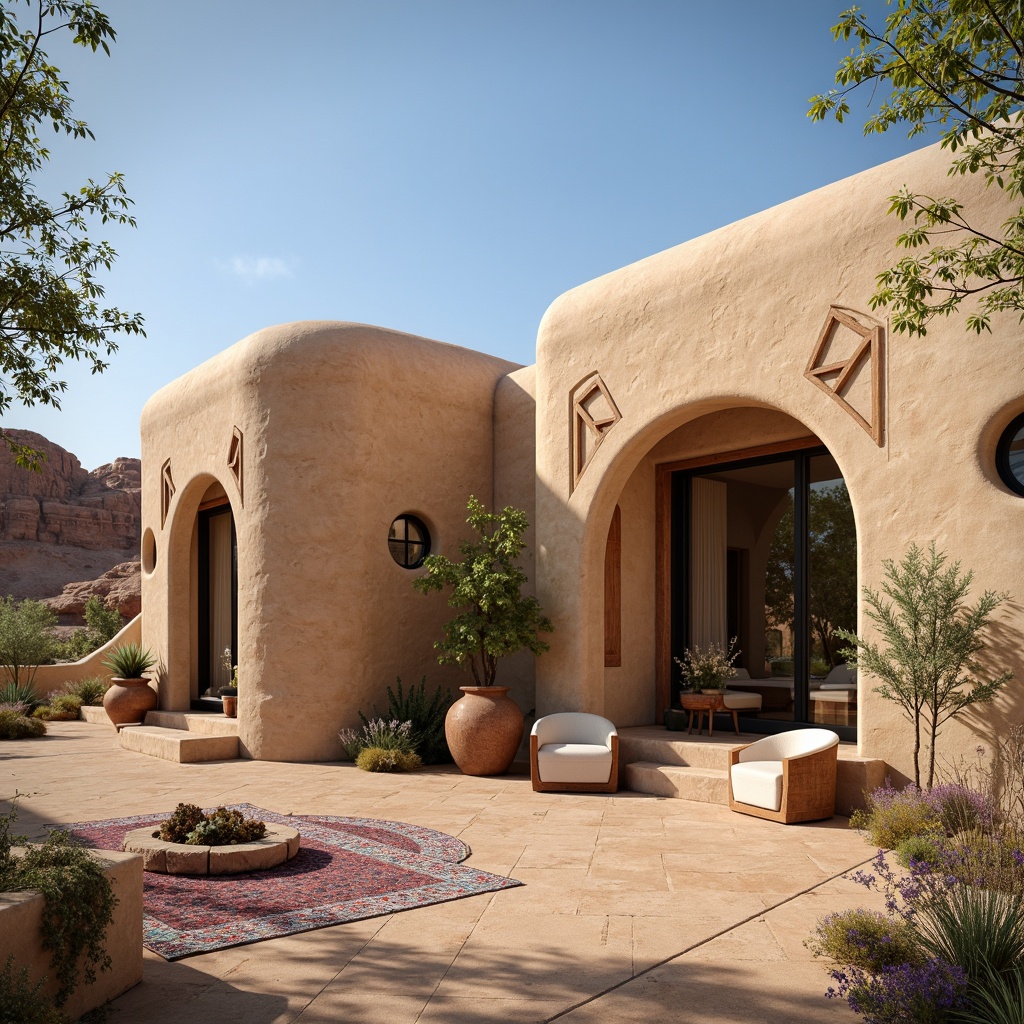 Prompt: Earth-toned adobe walls, rugged stone textures, rustic wooden accents, vintage turquoise decorations, warm beige stucco finishes, sandy dune-inspired landscapes, clear blue skies, vast open spaces, modern Southwestern architecture, curved lines, ornate metalwork, colorful woven textiles, geometric patterned rugs, ambient warm lighting, shallow depth of field, 3/4 composition, panoramic view, realistic renderings.