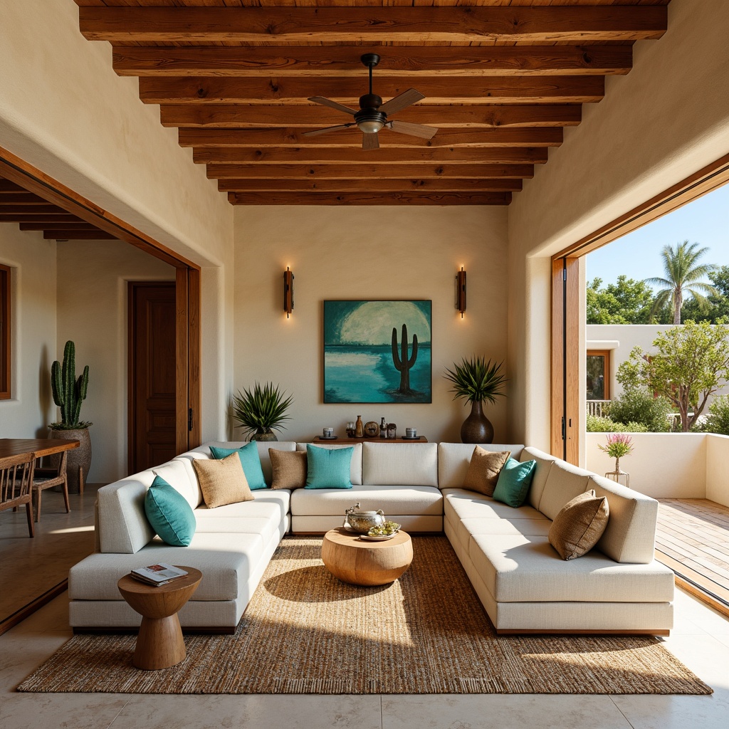 Prompt: Southwestern-style interior, warm beige walls, rustic wooden accents, natural stone flooring, vibrant turquoise decorations, woven textiles, geometric patterns, earthy color palette, spacious open-plan living area, floor-to-ceiling windows, sliding glass doors, abundant natural light, minimalist furniture, comfortable sectional sofas, plush throw pillows, potted cacti, desert-inspired artwork, warm ambient lighting, shallow depth of field, 1/2 composition, realistic textures, subtle camera motion.