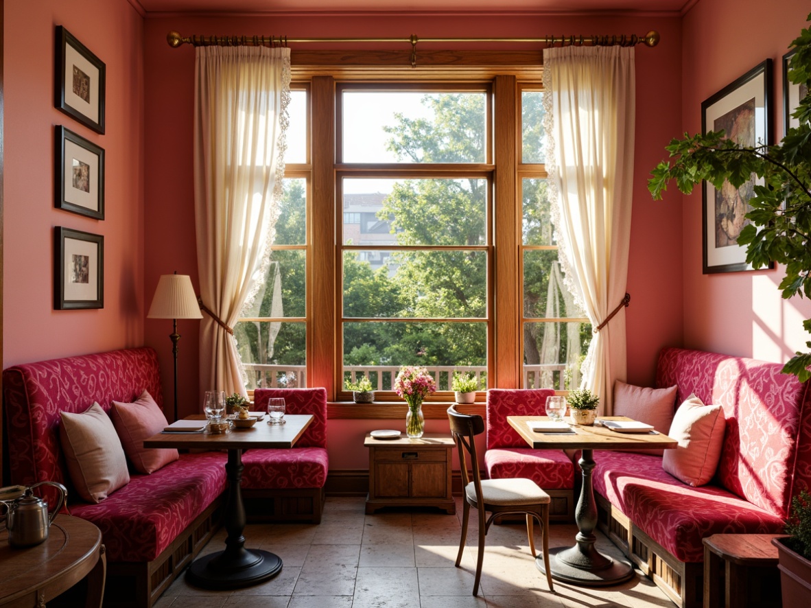 Prompt: Vibrant fuchsia breakfast nook, warm golden lighting, rich wood tones, plush velvet upholstery, ornate metal accents, delicate lace curtains, distressed wooden tables, antique vintage decor, soft pastel shades, creamy whites, bold coral hues, whimsical floral patterns, eclectic mix of modern and traditional styles, cozy intimate atmosphere, natural stone flooring, lush greenery, sunny morning light, shallow depth of field, 1/2 composition, warm inviting colors.