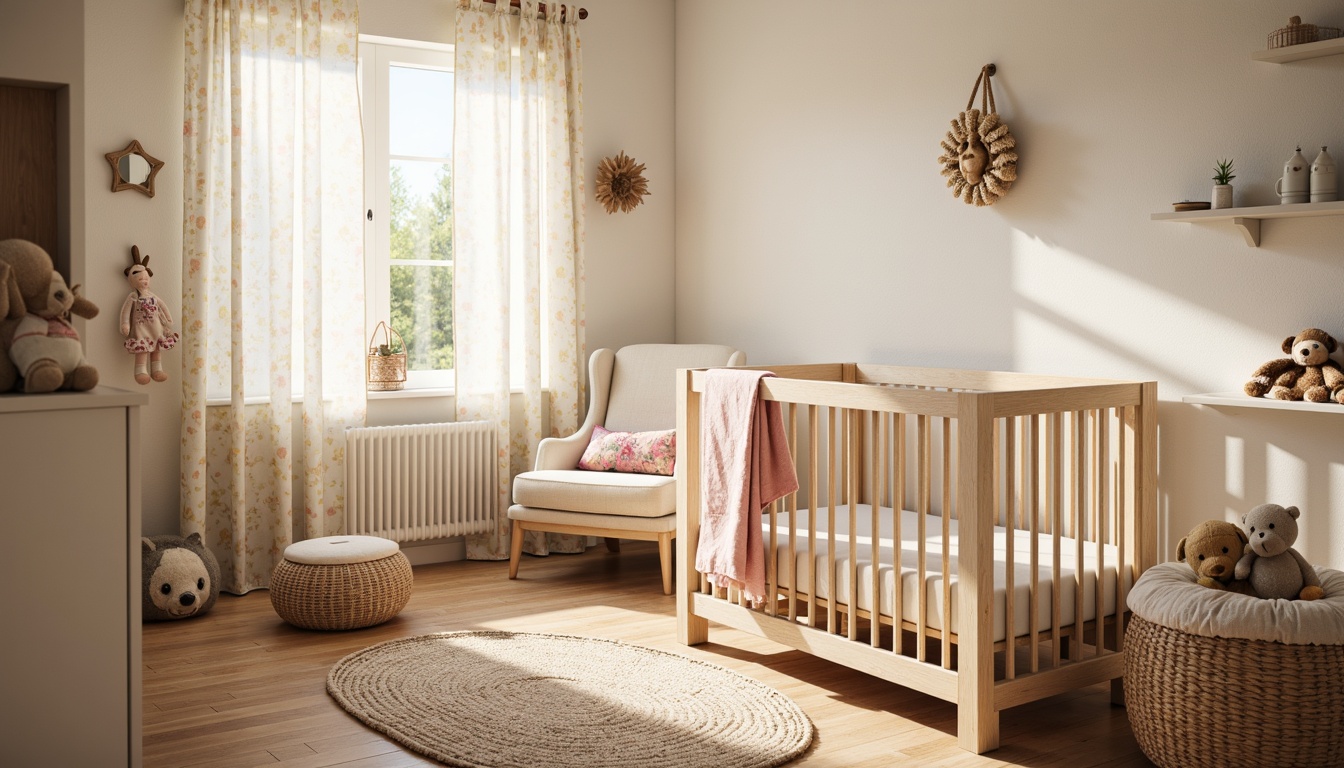 Prompt: Whimsical baby nursery, soft pastel colors, floral patterns, wooden crib, plush toys, ruffled curtains, vintage-inspired furniture, distressed wood accents, natural fiber rugs, woven baskets, creamy white walls, warm golden lighting, shallow depth of field, 1/1 composition, intimate atmosphere, realistic textures, subtle ambient occlusion.