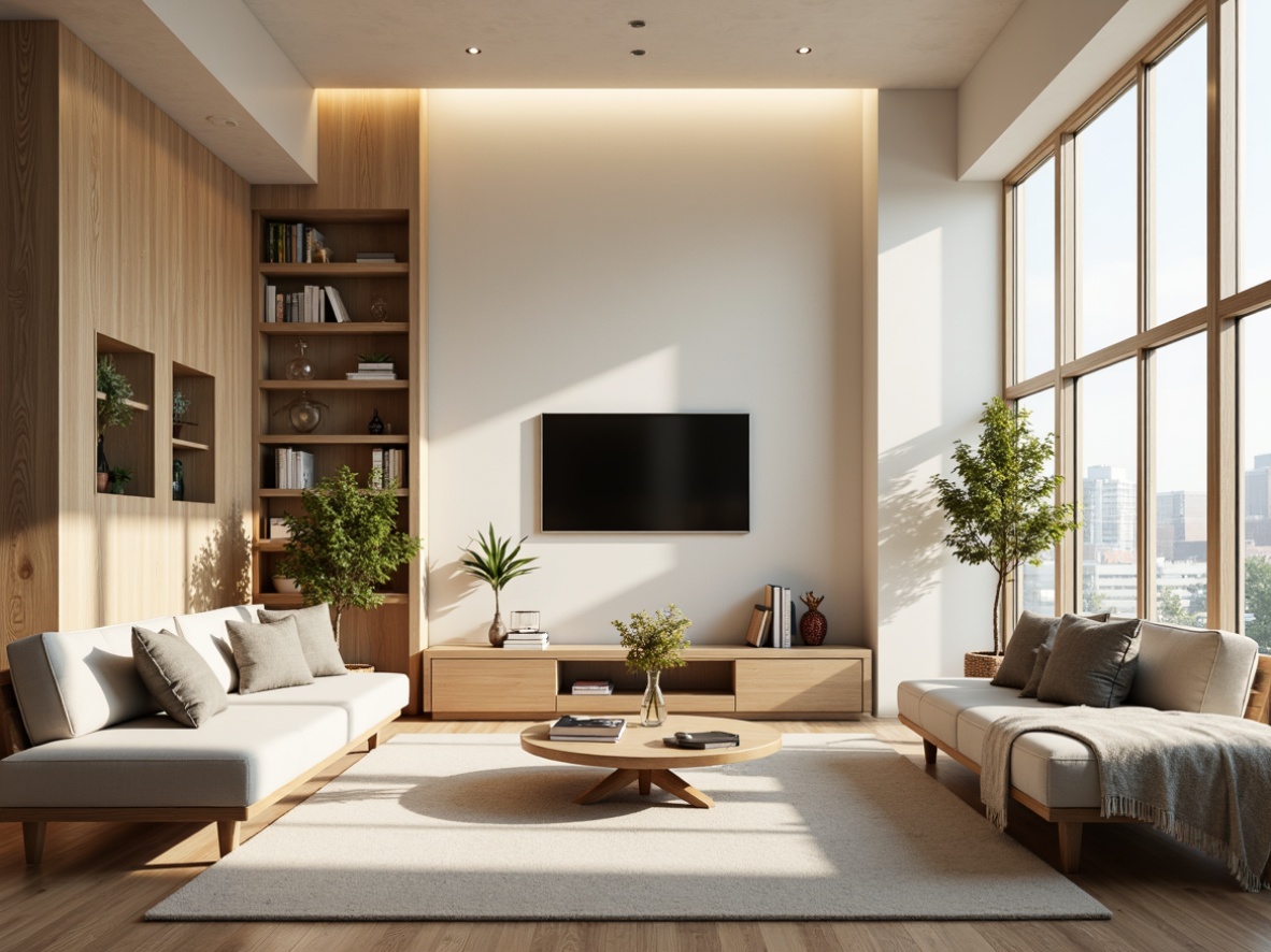 Prompt: Modern living room, sleek furniture, minimalist decor, optimal functionality, clever storage solutions, multi-functional spaces, compact appliances, ergonomic seating, adjustable lighting systems, natural wood accents, creamy white walls, large windows, urban loft atmosphere, soft warm glow, shallow depth of field, 1/1 composition, realistic textures, ambient occlusion.