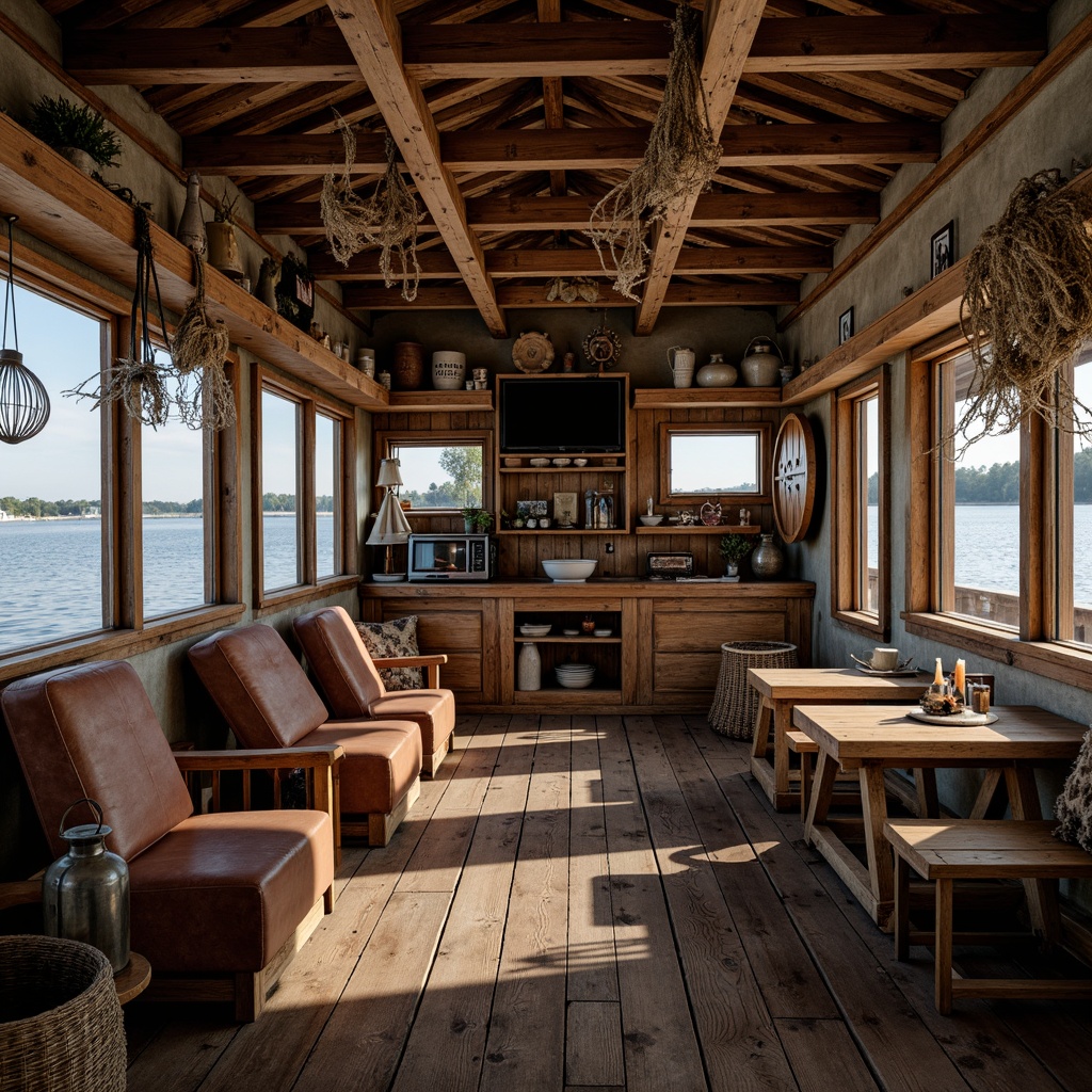 Prompt: Rustic boathouse interior, wooden accents, distressed textures, natural stone walls, reclaimed wood planks, nautical-themed decor, vintage fishing nets, worn leather upholstery, metal lanterns, warm candlelight, soft shadows, 1/1 composition, intimate atmosphere, realistic wood grain, ambient occlusion.