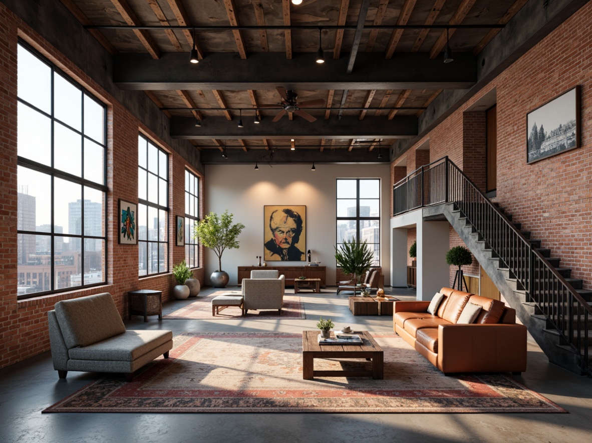 Prompt: Exposed brick walls, industrial metal beams, reclaimed wood accents, modern minimalist furniture, eclectic art pieces, urban cityscape views, large factory-style windows, concrete floors, distressed leather sofas, vintage rugs, metal staircases, open floor plans, soft warm lighting, 1/1 composition, realistic textures, ambient occlusion.