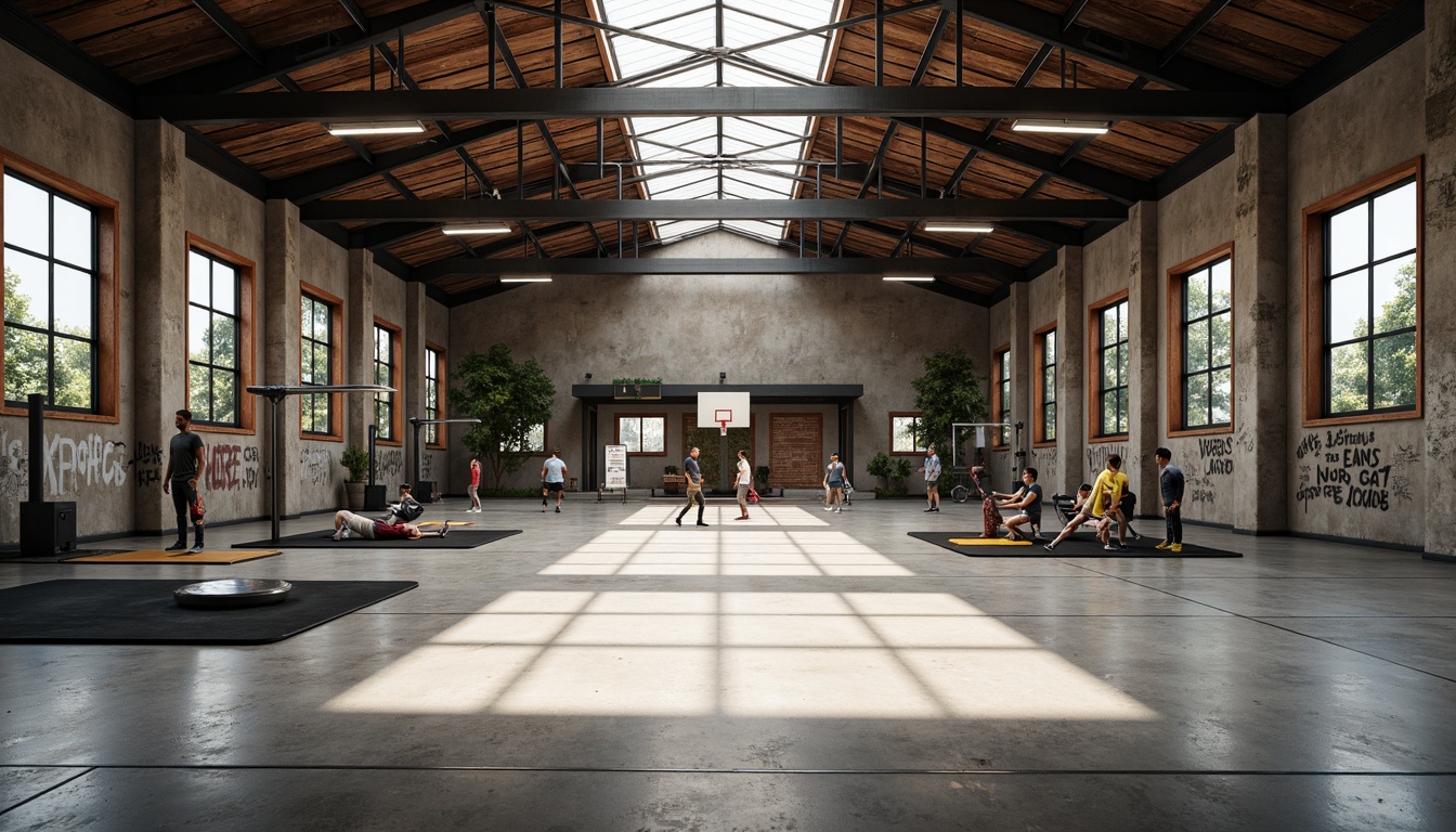 Prompt: Industrial-style gymnasium, exposed beams, metal framework, polished concrete floors, reclaimed wood accents, urban graffiti, industrial lighting fixtures, steel columns, functional training equipment, motivational quotes, modern athletic tracks, basketball hoops, soccer goals, natural ventilation systems, large clerestory windows, abundant natural light, high ceilings, open spaces, minimalist decor, distressed textures, gritty ambiance, cinematic lighting, 1/2 composition, shallow depth of field, realistic renderings.