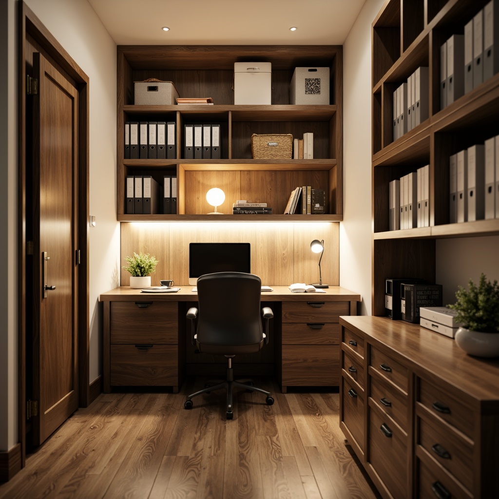 Prompt: Compact home office, ergonomic chair, wooden desk, adjustable shelving units, stackable storage bins, metal file cabinets, sliding drawers, minimalist decor, natural wood tones, cozy ambient lighting, soft focus, shallow depth of field, 1/1 composition, warm color palette, realistic textures, subtle reflections.